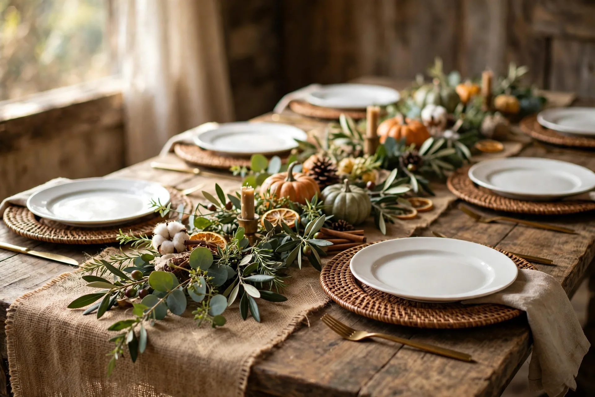 Woven rattan chargers under white plates on a rustic Thanksgiving table with a burlap runner