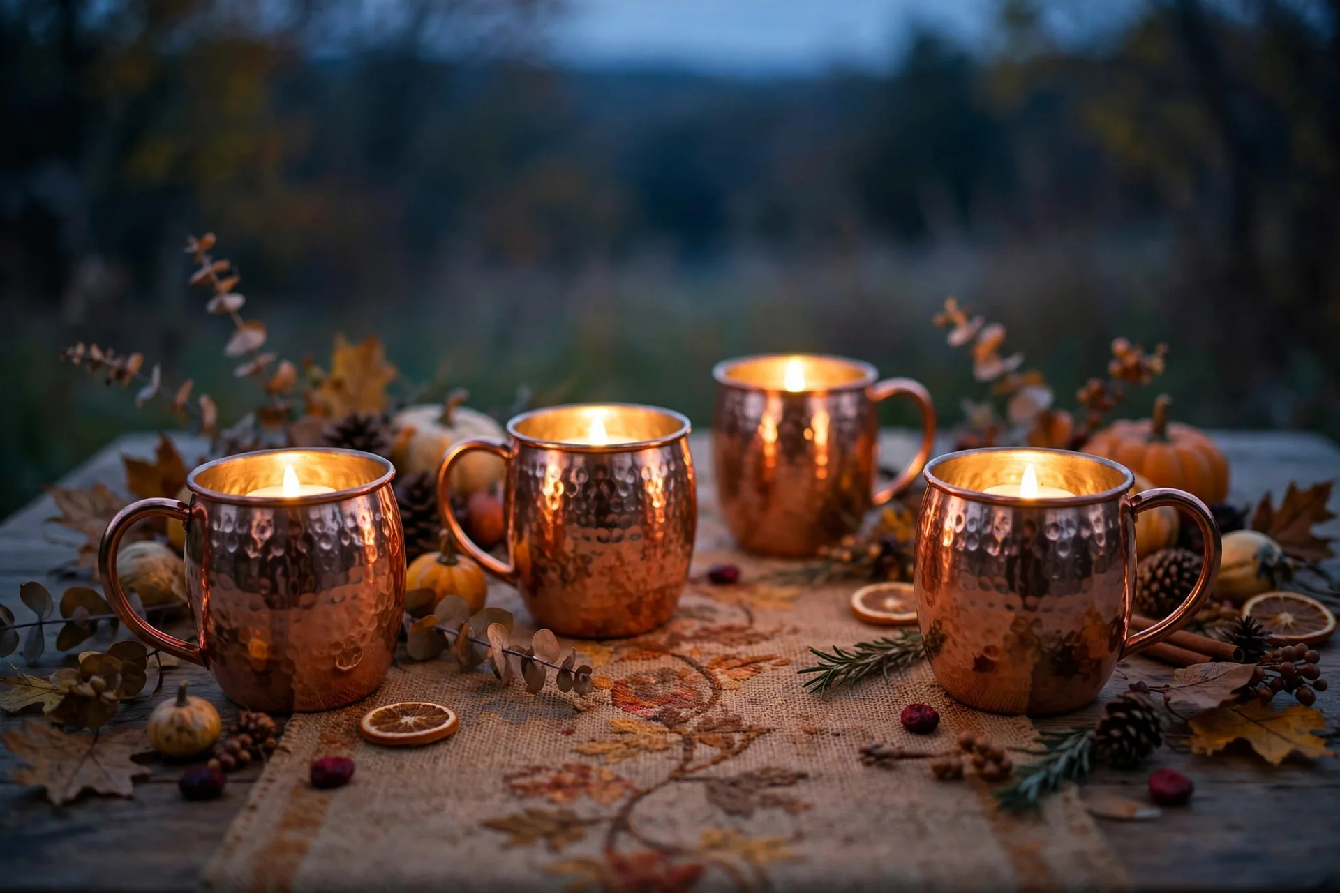 Copper mugs holding glowing flameless tea lights on a rustic Thanksgiving table runner at dusk