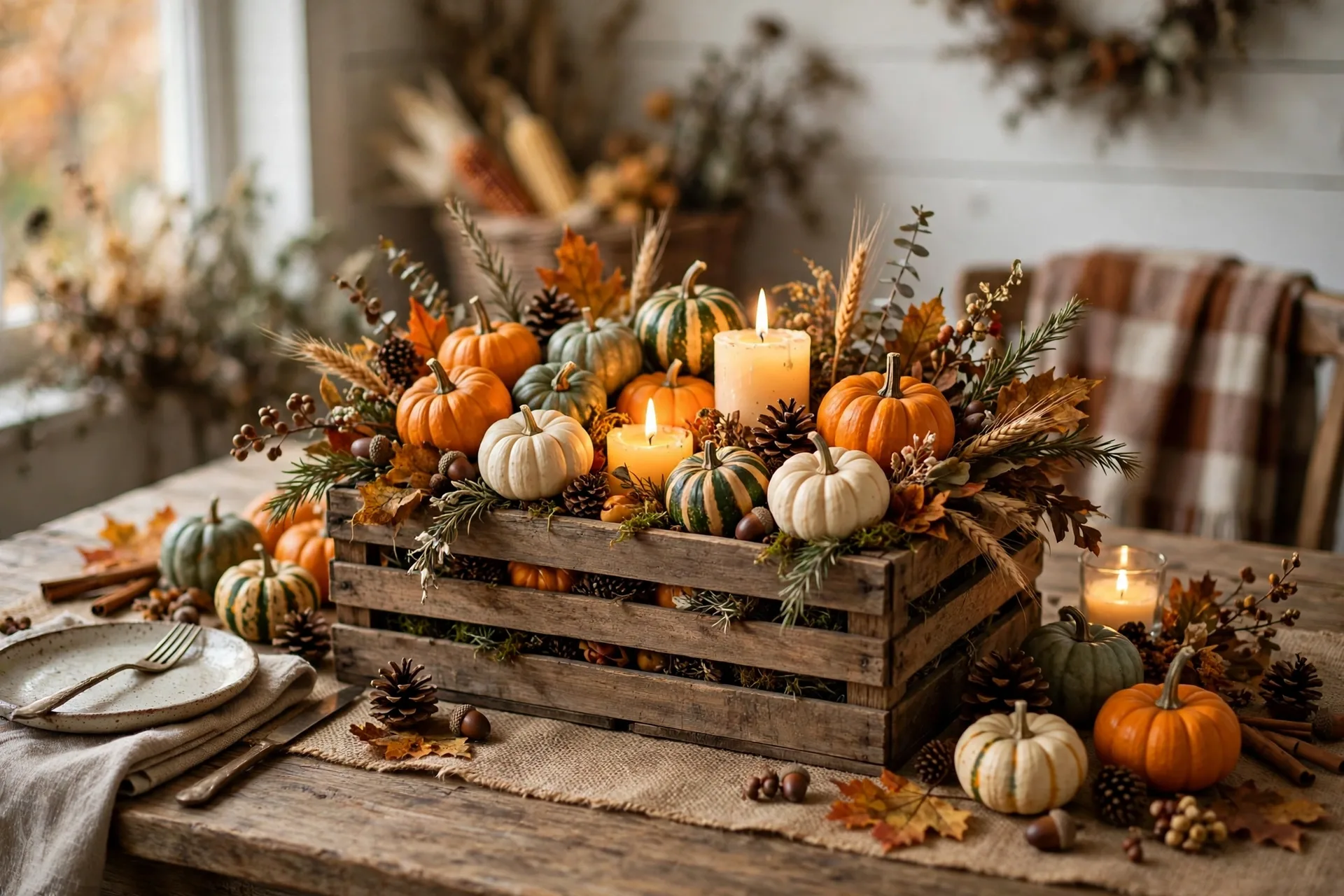 A wooden crate centerpiece on a rustic Thanksgiving table filled with small pumpkins, gourds, pinecones and glowing candles, on a burlap runner