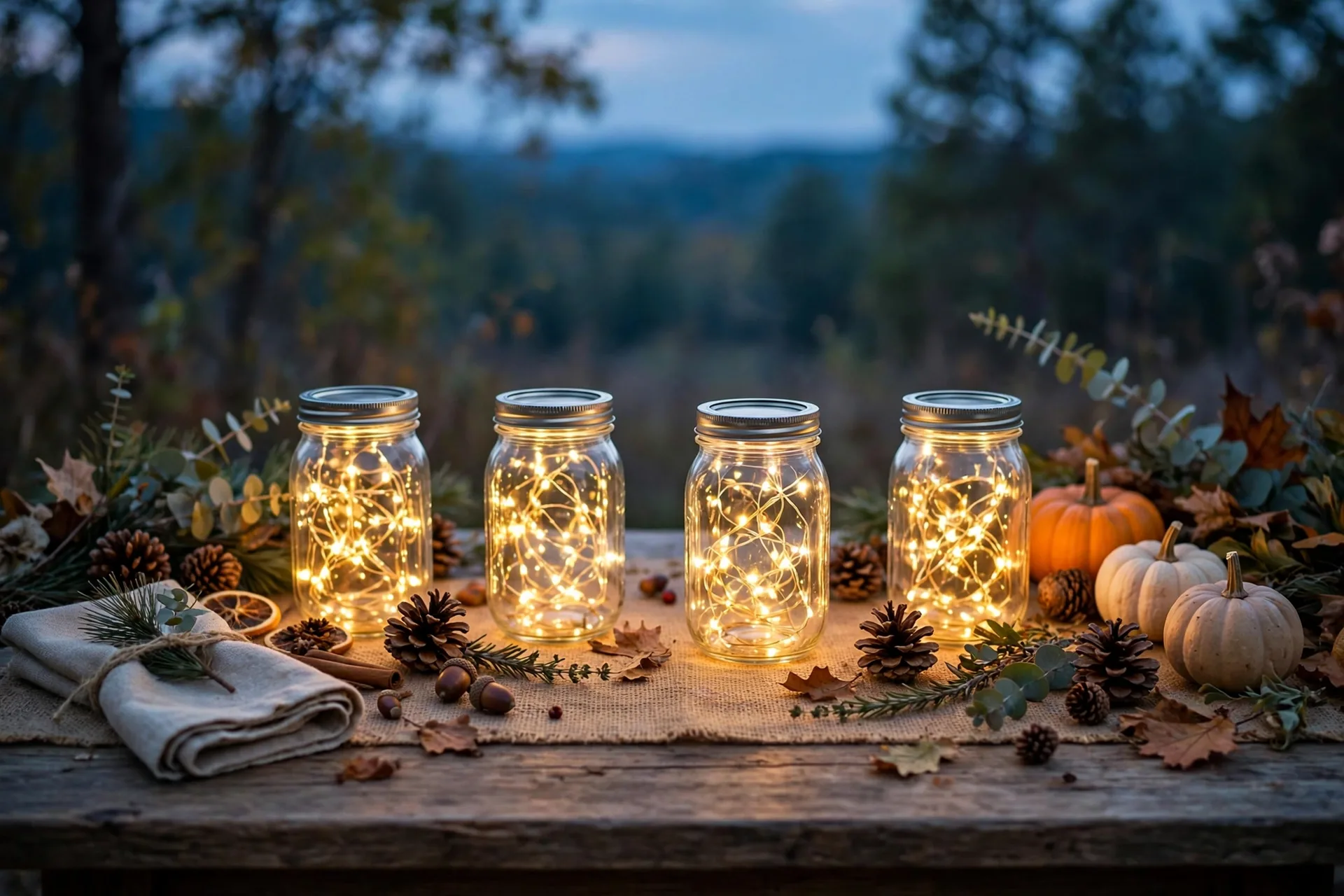 Mason jars glowing with battery fairy lights on a rustic Thanksgiving table at dusk