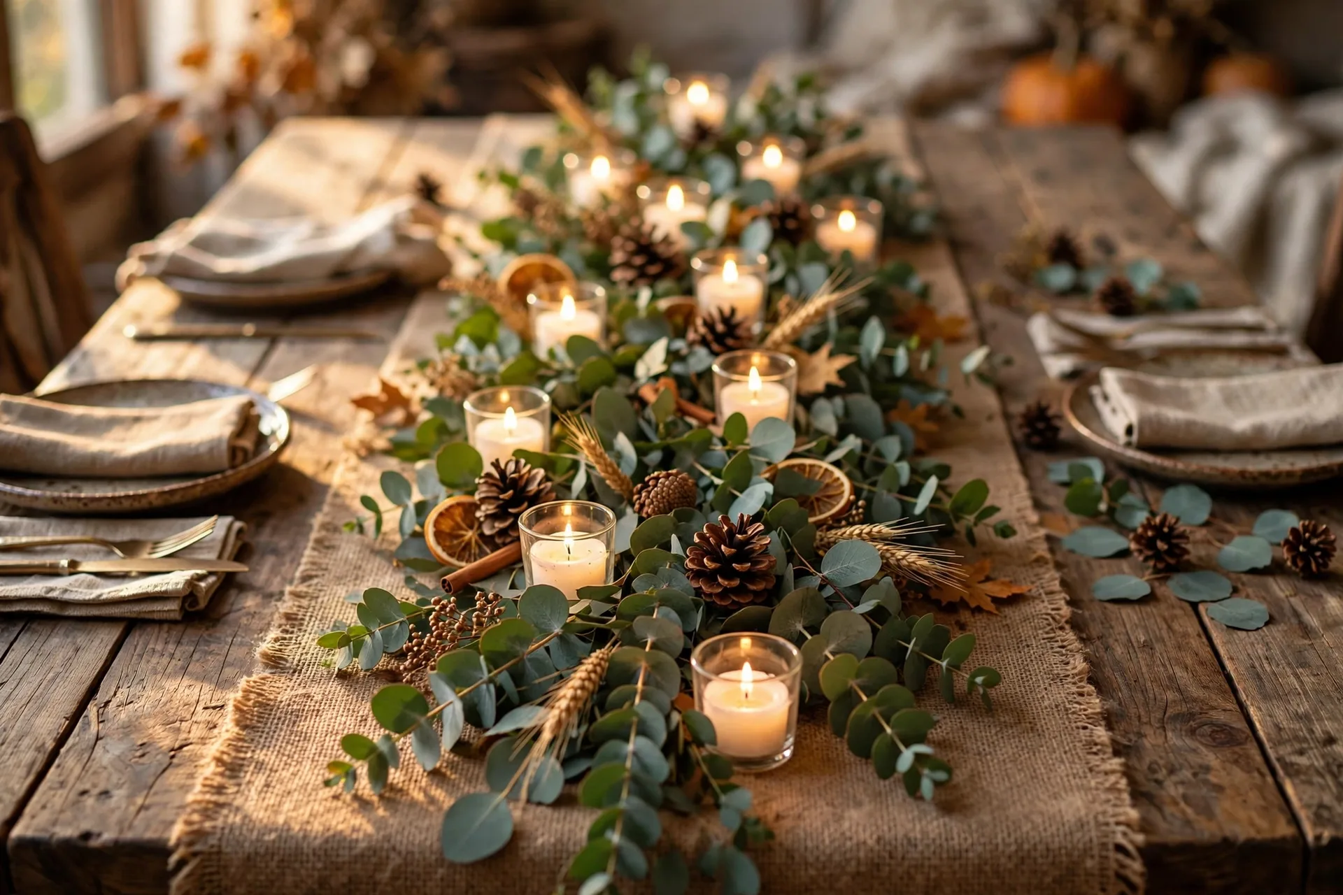 A long green eucalyptus garland down the center of a rustic Thanksgiving table with pinecones and glowing tea lights tucked among the leaves, on a burlap runner
