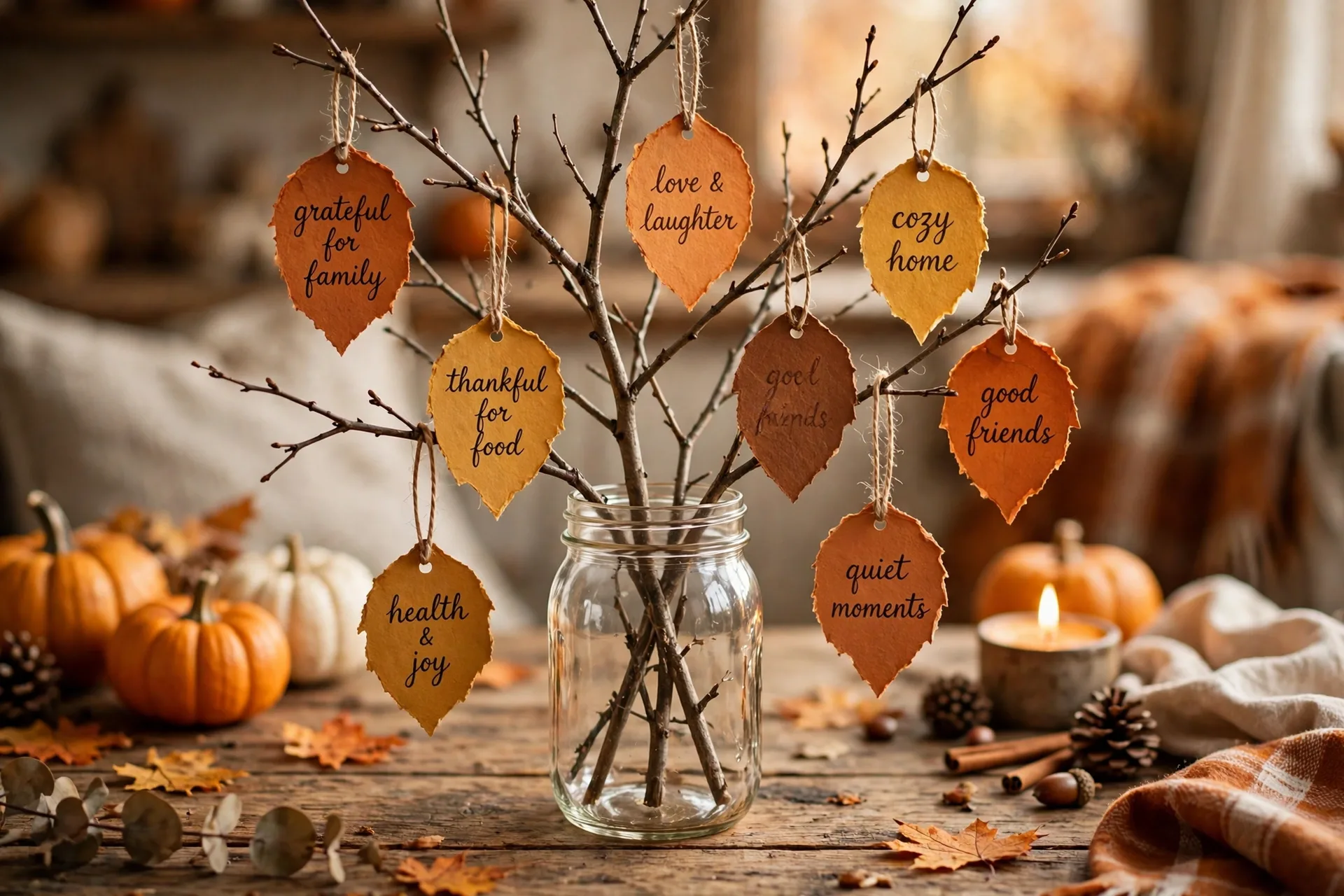 A Thanksgiving gratitude tree centerpiece with bare branches in a glass jar and small paper leaf tags hanging from twine, on a rustic farmhouse wood table