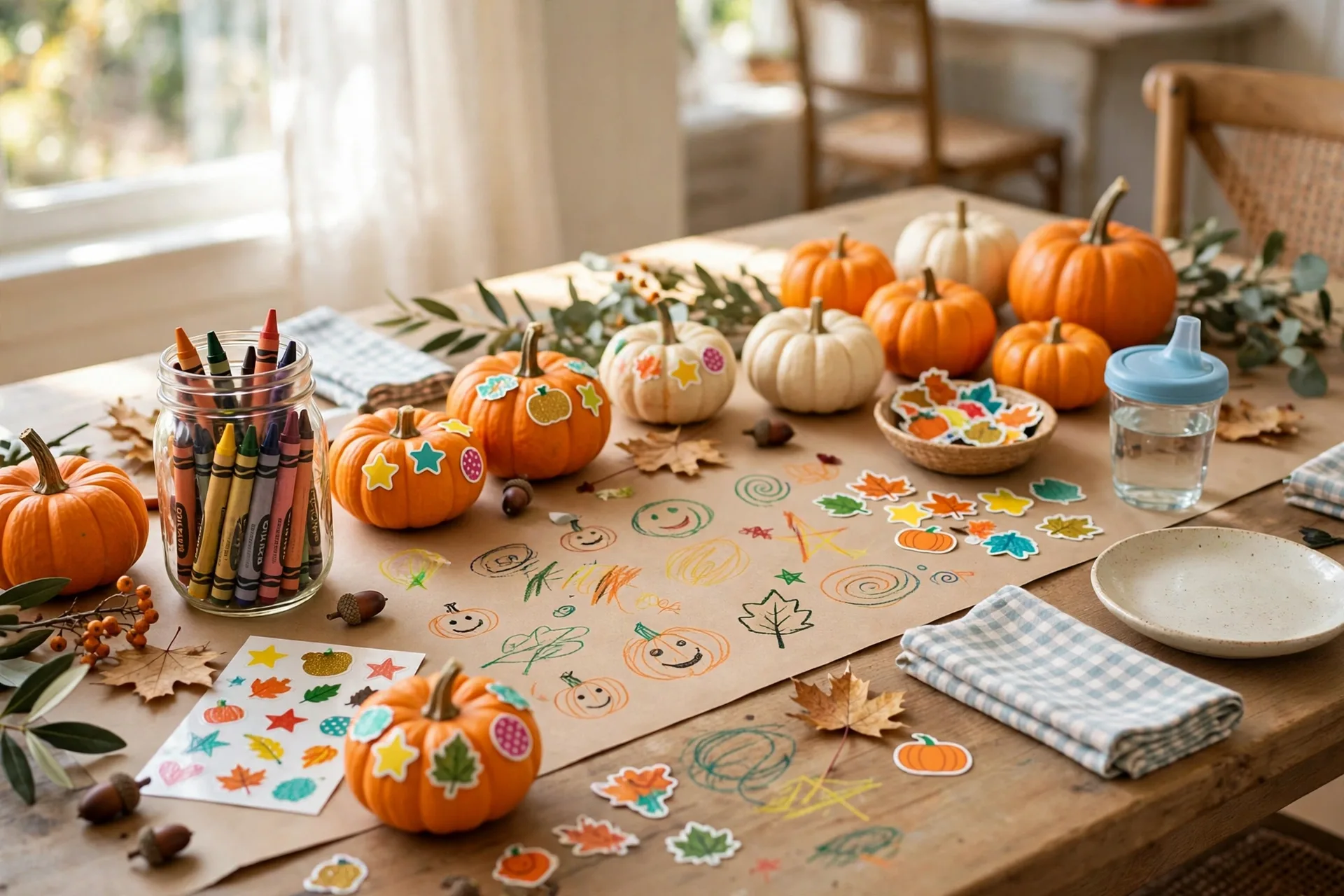 A kids Thanksgiving table setting with a kraft paper runner, crayons in a mason jar and small pumpkins to decorate
