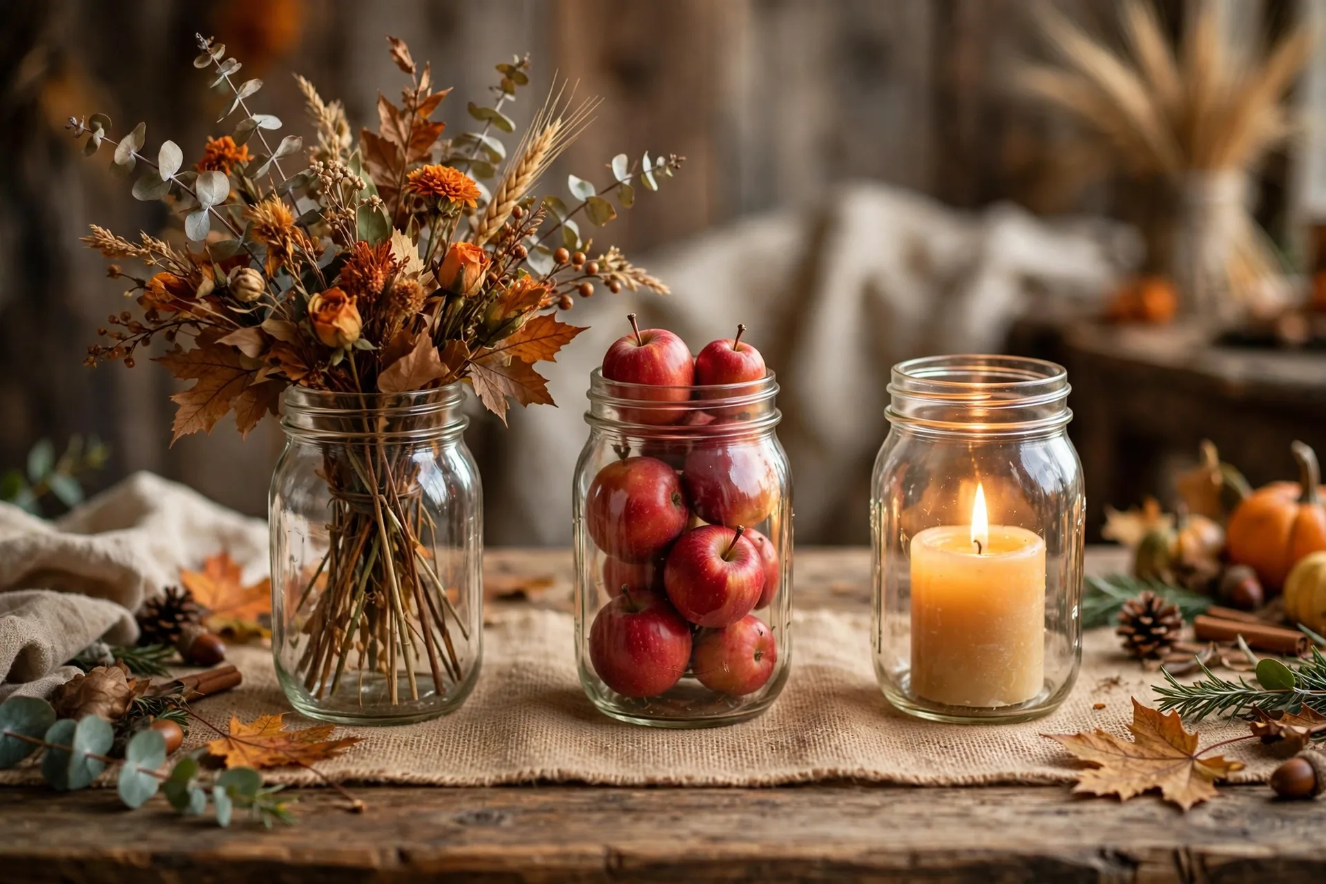 Mason jars in a row on a rustic Thanksgiving table, one with fall flowers, one with apples, one with a candle