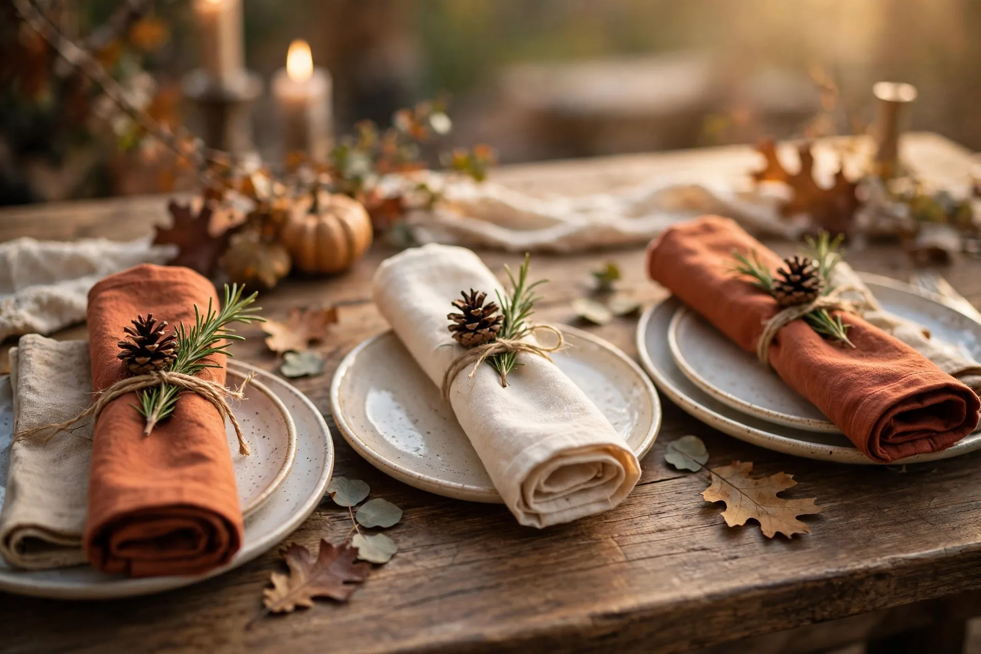 Cloth napkins rolled and tied with twine, each with a small pinecone and rosemary sprig, at a Thanksgiving place setting