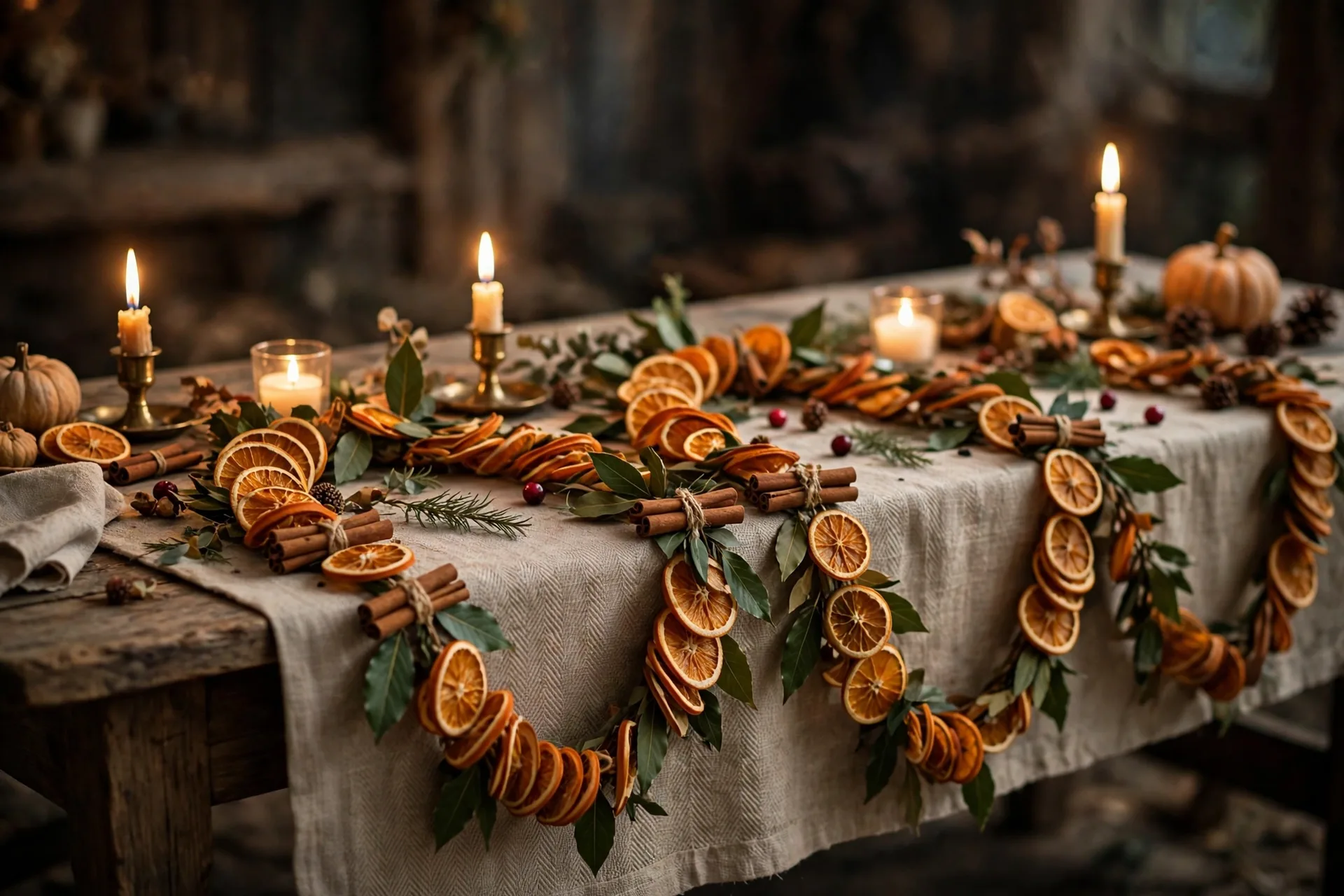A garland of dried orange slices, cinnamon sticks and bay leaves draped along a rustic Thanksgiving table runner
