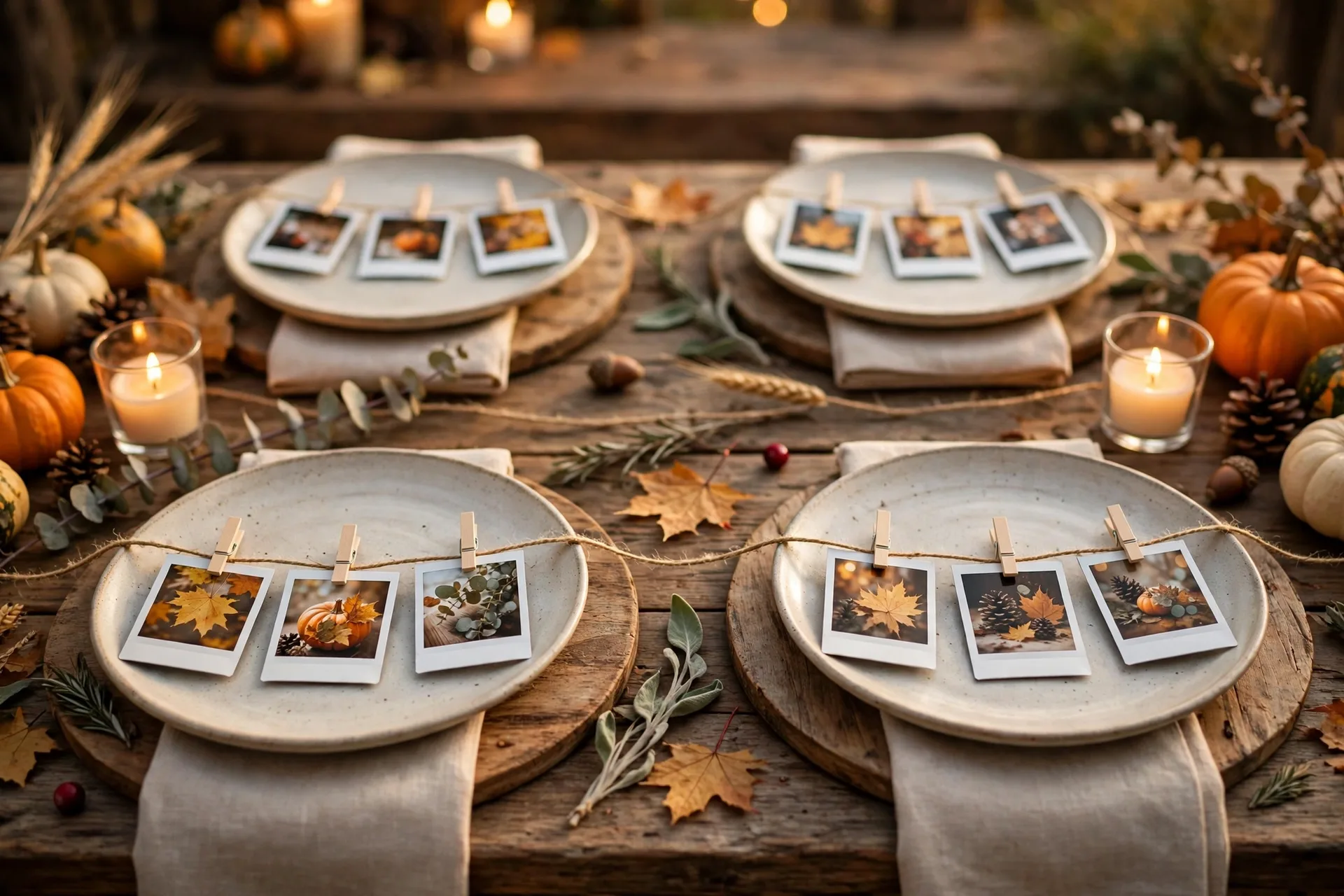 Small instant photos clipped to twine with tiny clothespins as place cards on a rustic Thanksgiving table