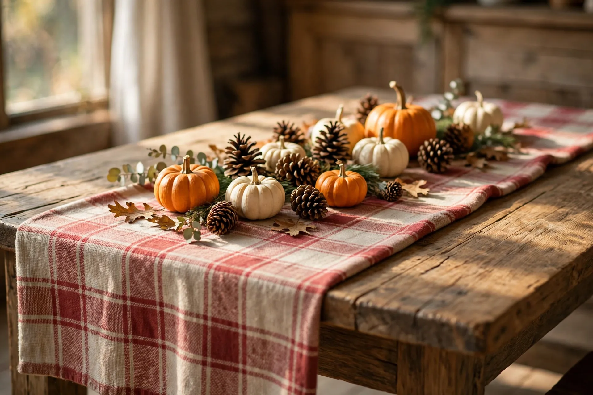 A soft red and cream plaid throw used as a table runner on a bare wood Thanksgiving table with pumpkins