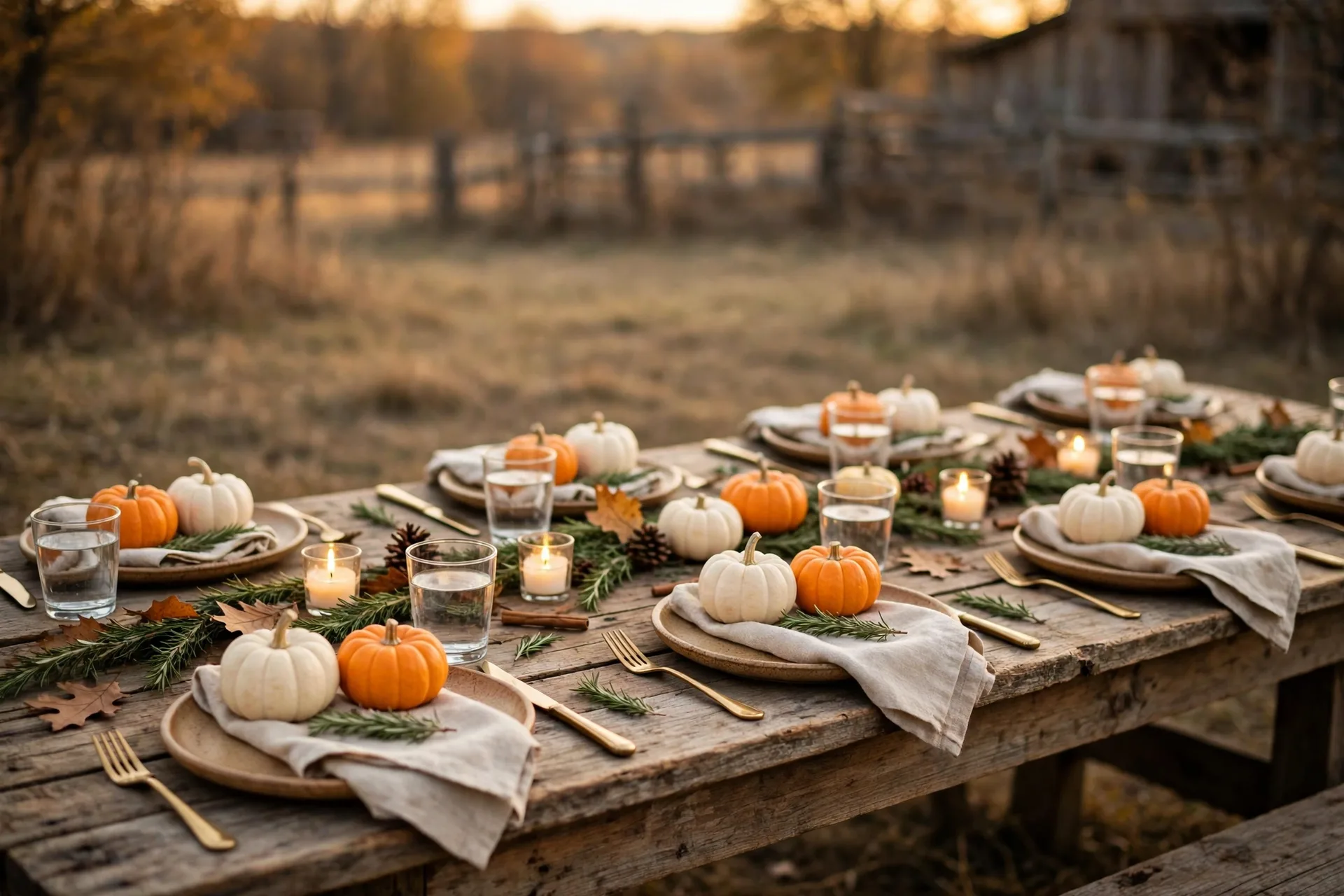 Mini white and orange pumpkins at each place setting on a rustic Thanksgiving table with rosemary sprigs