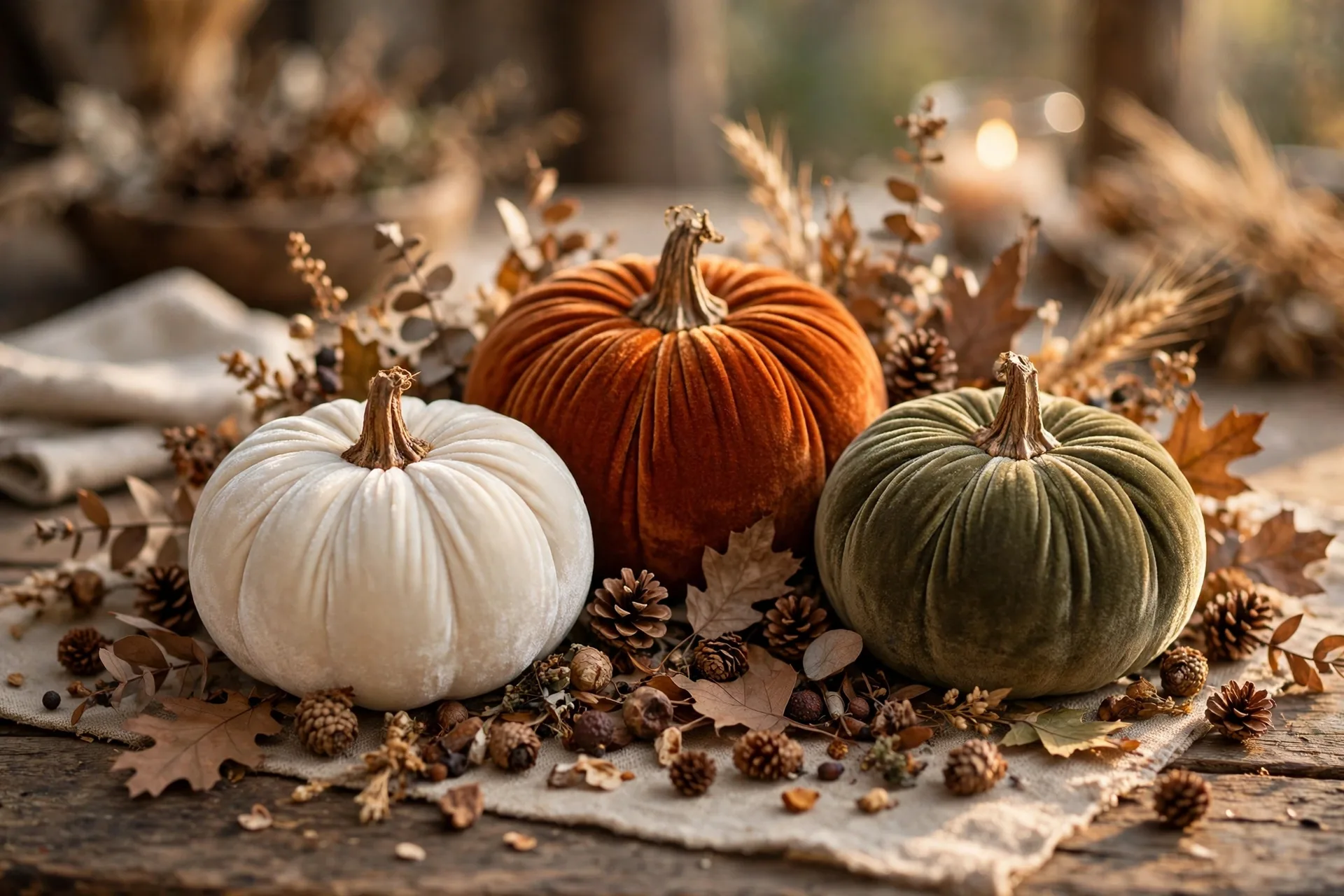 A cluster of velvet pumpkins in cream, rust and olive with tiny pinecones on a rustic Thanksgiving table