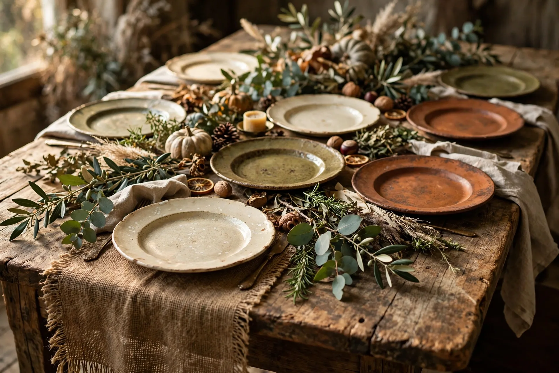 Mismatched vintage plates in cream, olive and rust on a rustic Thanksgiving table with a burlap runner