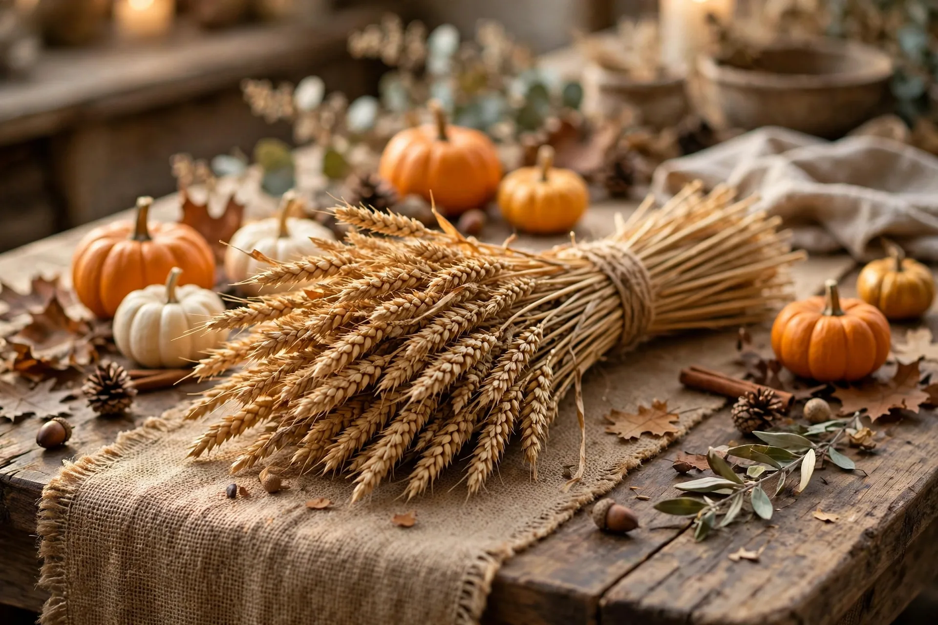 A bundle of dried golden wheat stalks tied with twine lying on a burlap runner on a Thanksgiving table