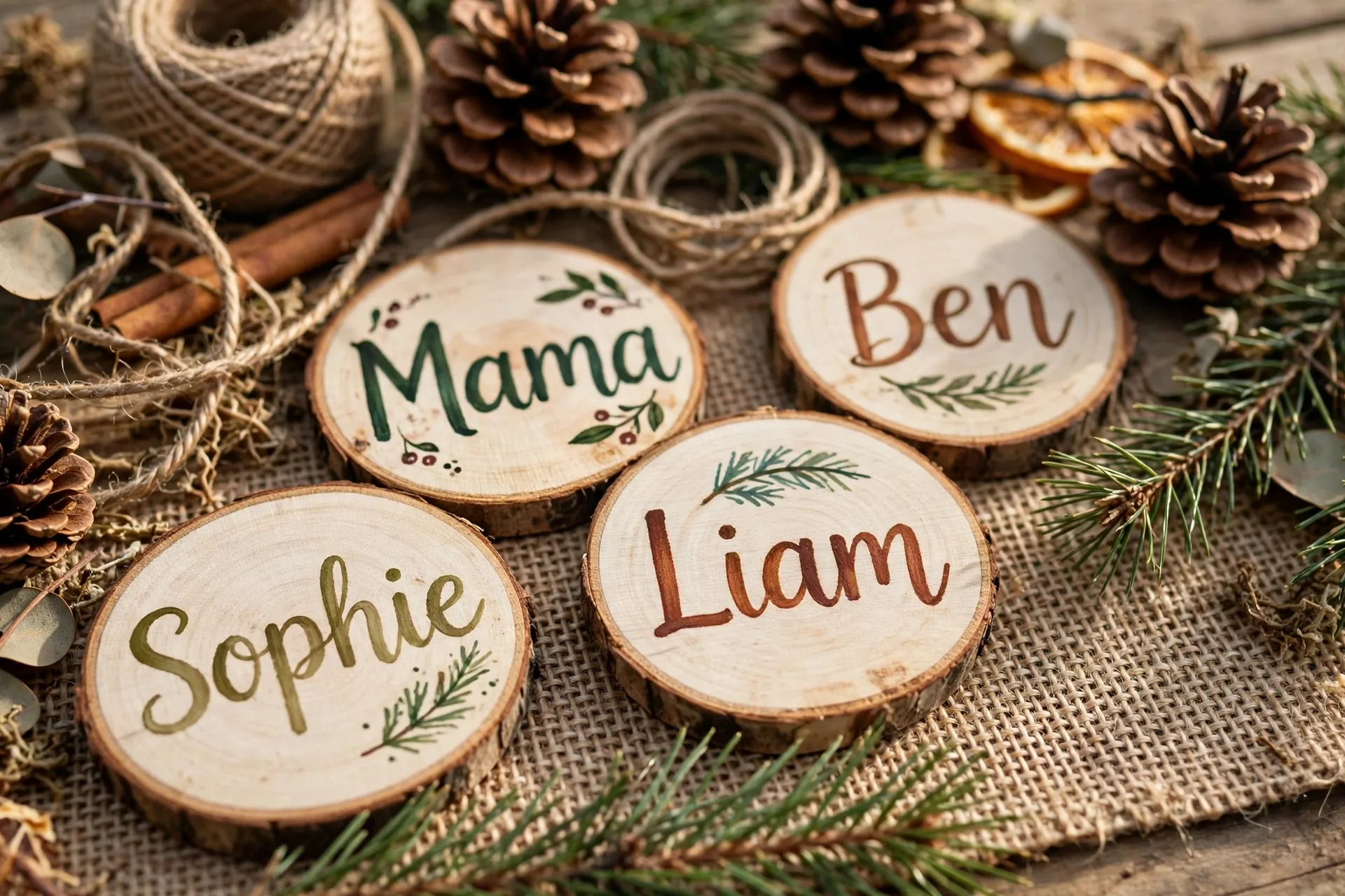 Small wood slice place cards with hand-painted guest names on a rustic Thanksgiving table, with pinecones, twine and a pine sprig on a burlap runner