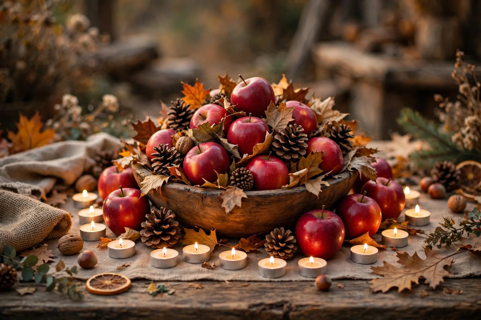 A wooden bowl overflowing with apples, pinecones and dried leaves in the center of a rustic Thanksgiving table