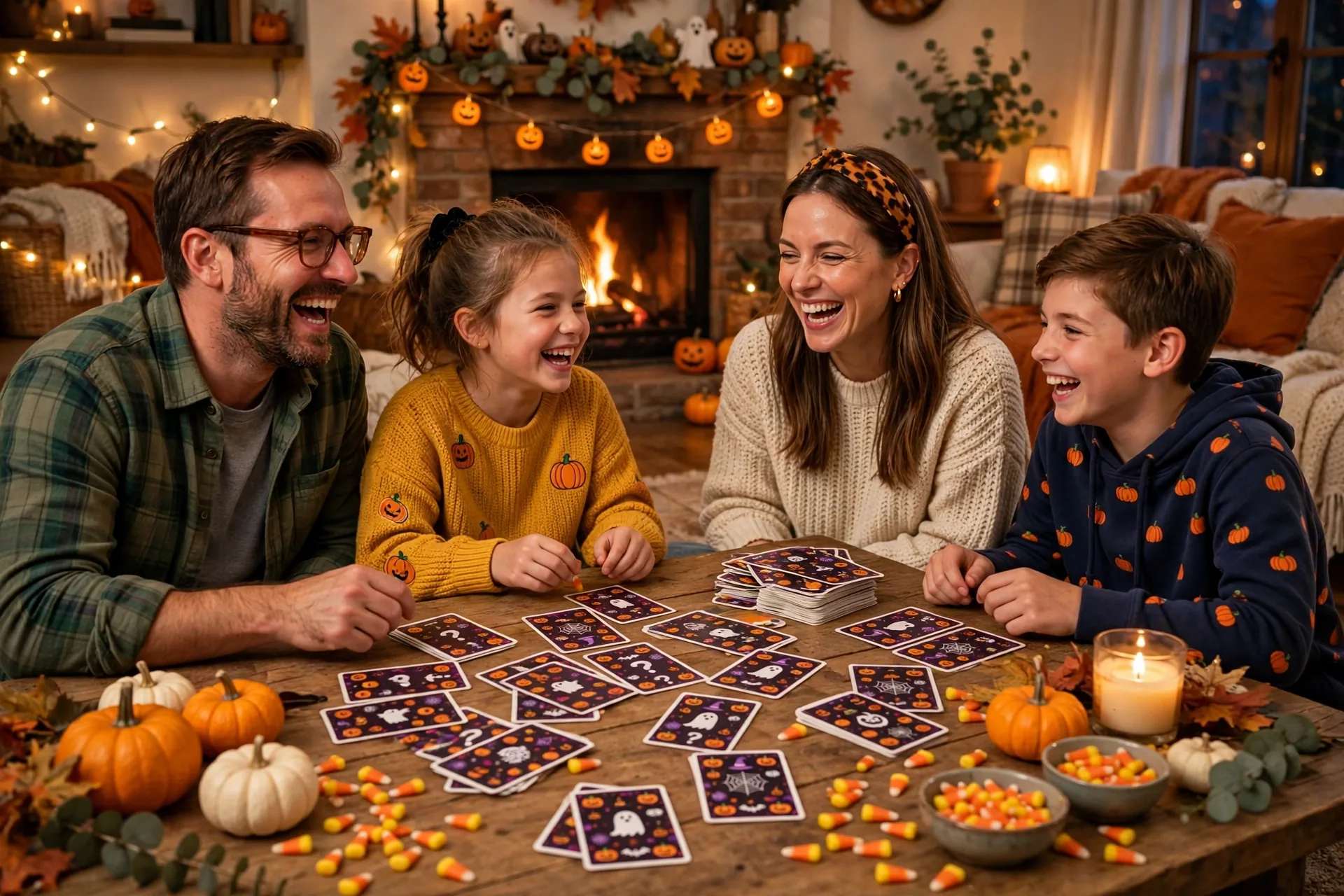 Family playing the Halloween 5 second game around a party table with question cards and pumpkins