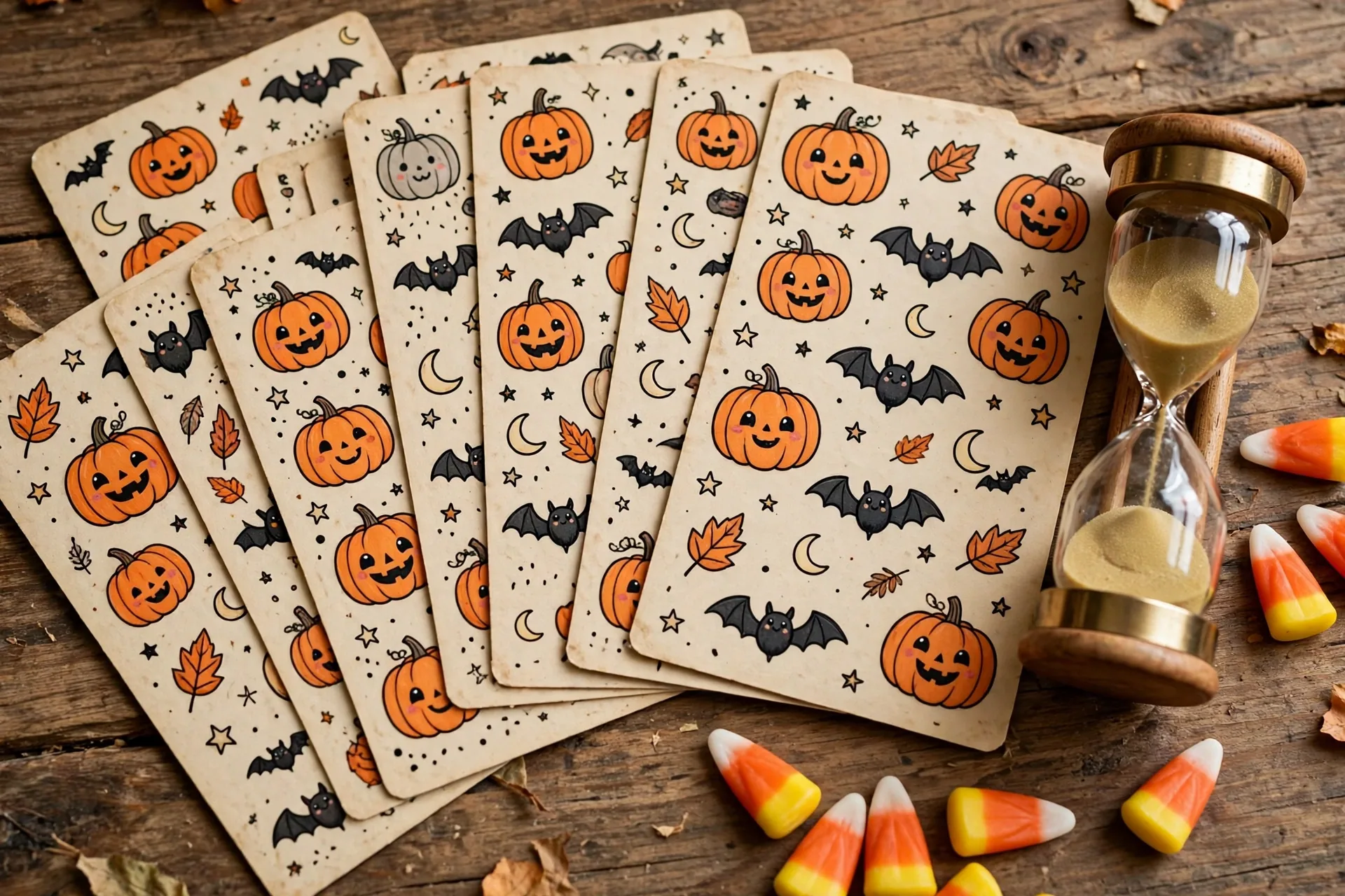 Close-up of Halloween 5 second game question cards fanned on a table with a sand timer