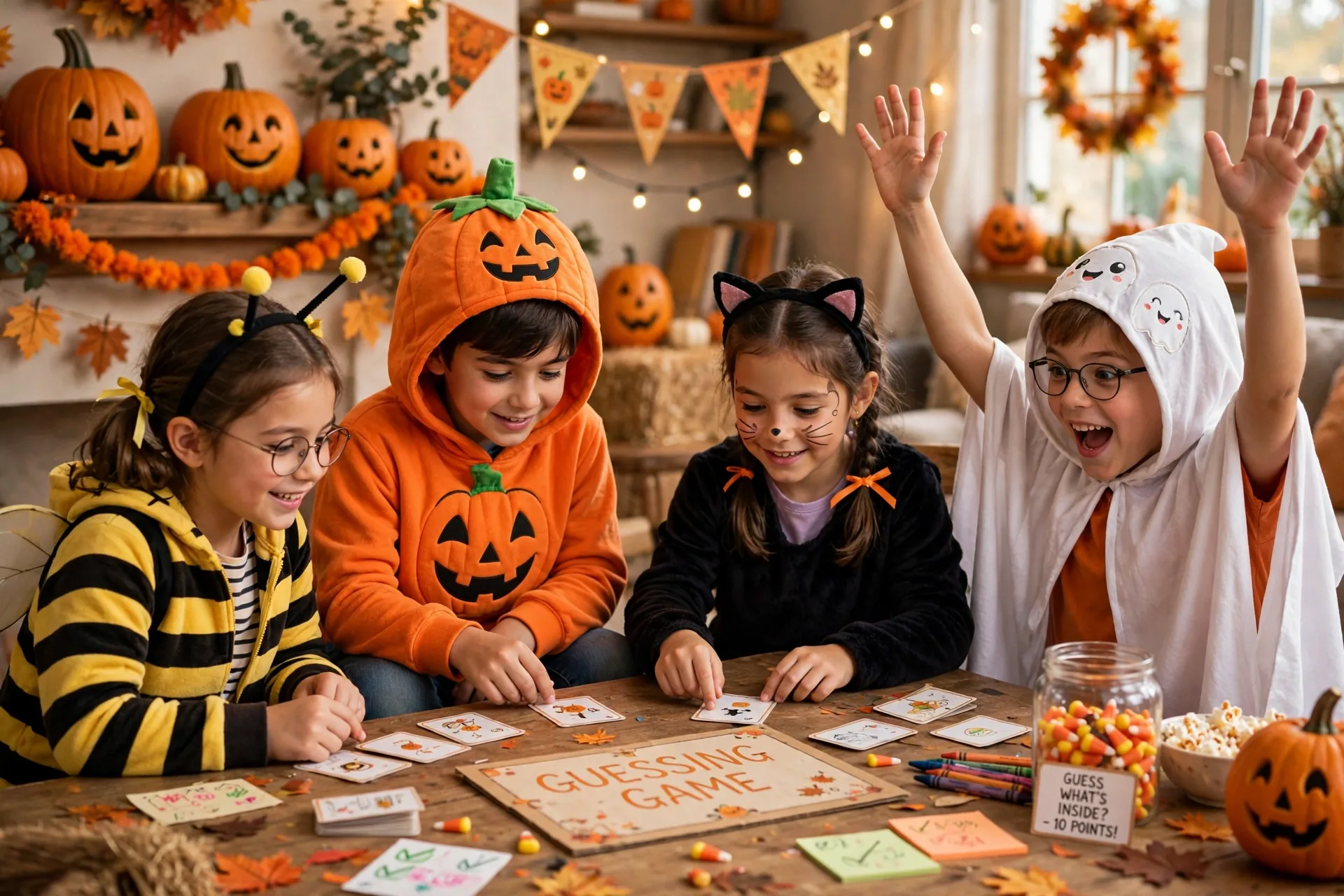 Kids in cute Halloween costumes playing the 5 second game at a party table