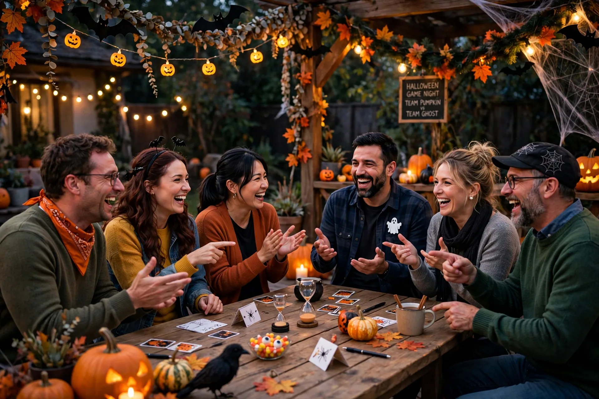 Two teams of adults playing the Halloween 5 second game at an evening party