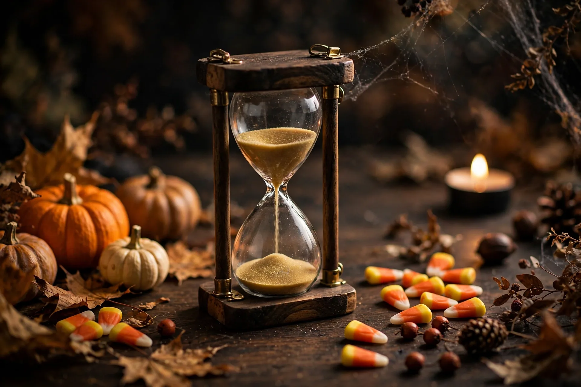 Sand timer with Halloween decorations on a wooden table