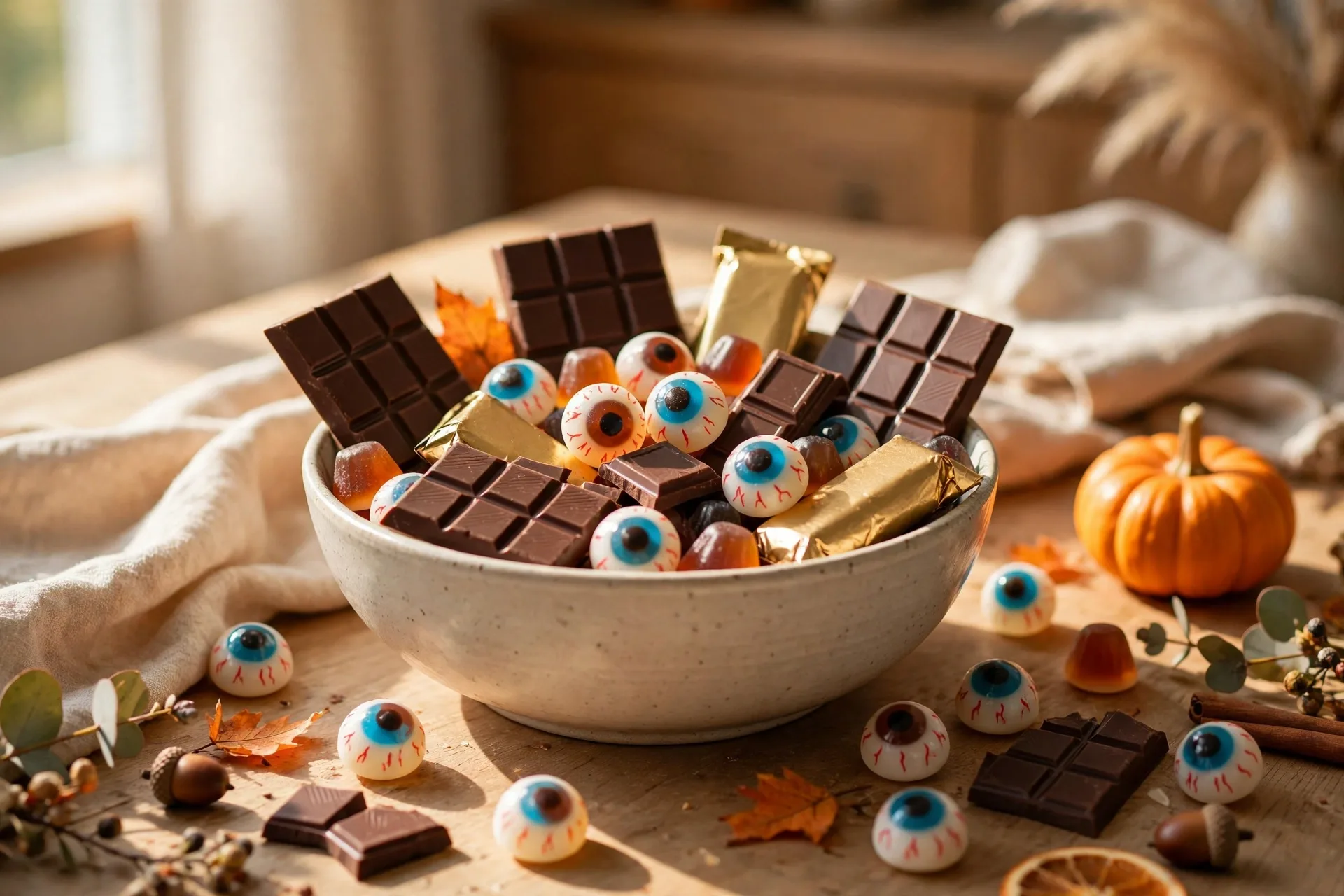Bowl of Halloween candies chocolate bars and gummy eyeballs