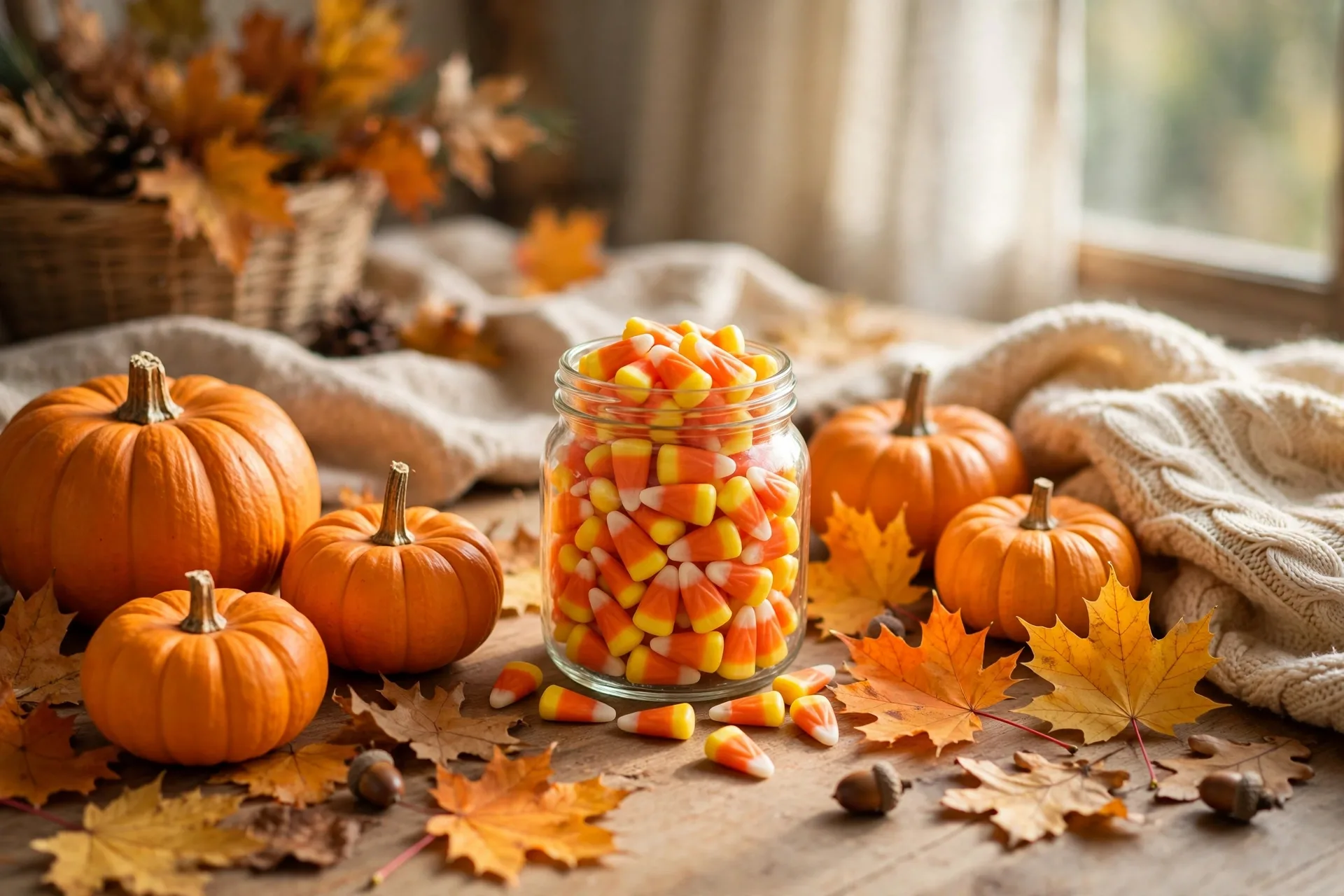 Orange Halloween things pumpkins candy corn and autumn leaves