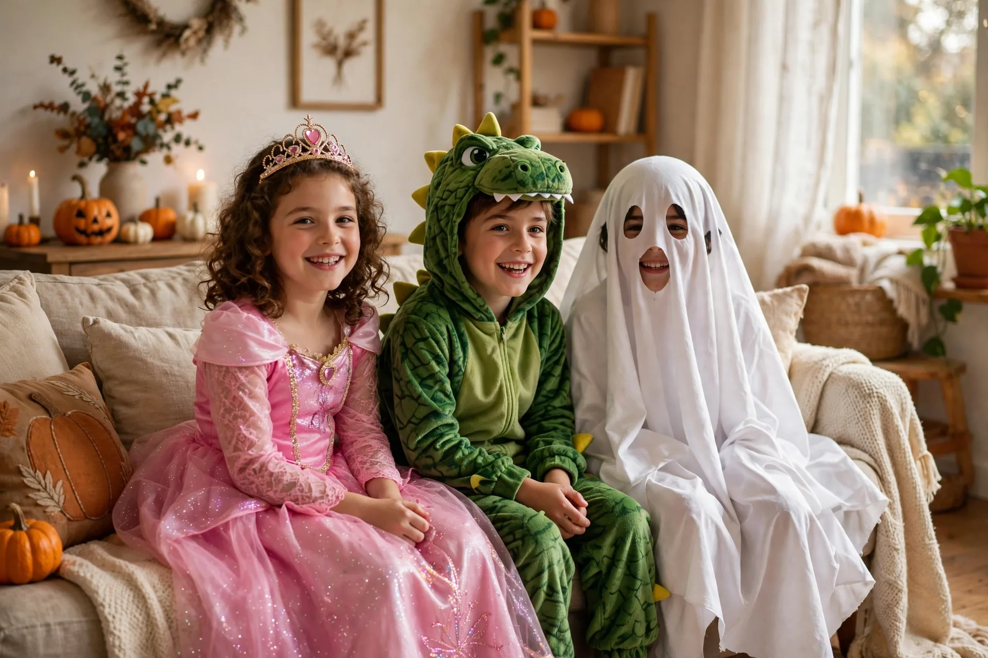 Kids in Halloween costumes princess dinosaur and ghost