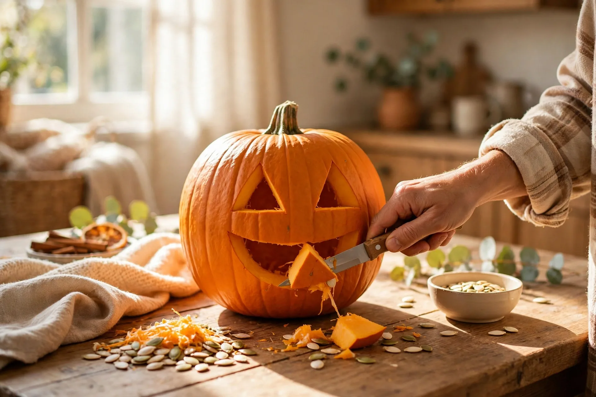 Carving triangle eyes and a grin into a pumpkin