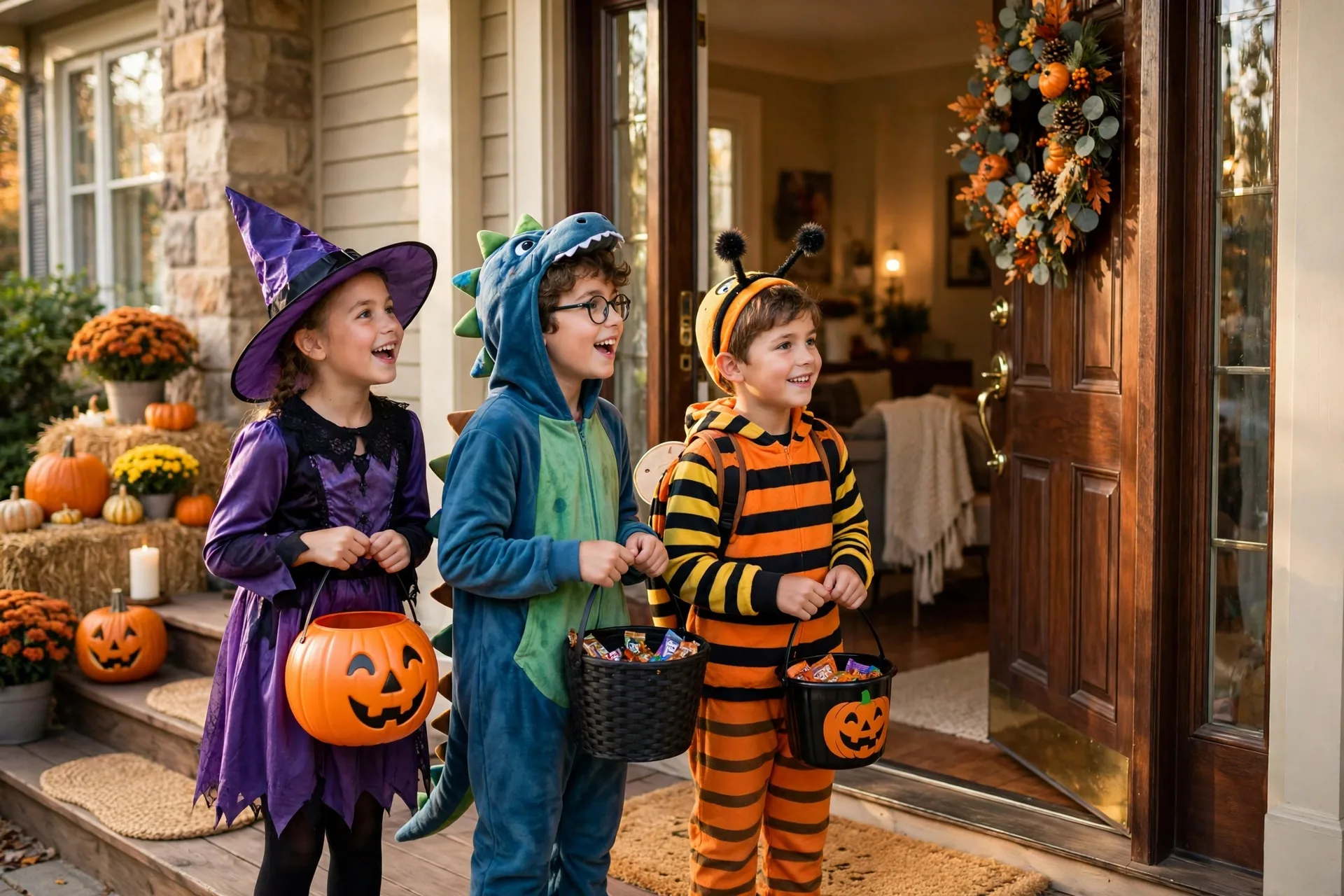 Kids saying trick or treat at a front door with candy buckets