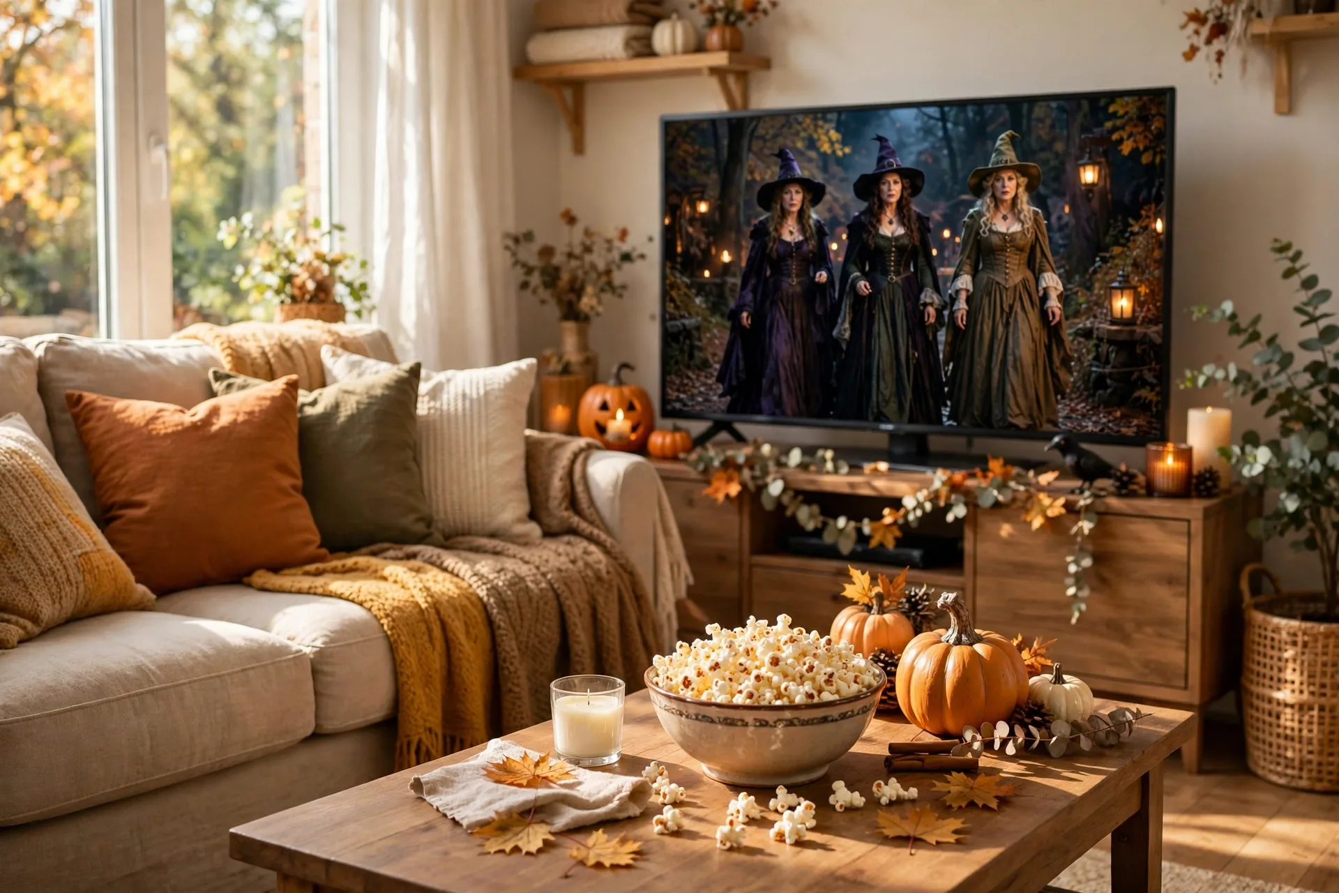 Halloween movie night with Hocus Pocus and popcorn