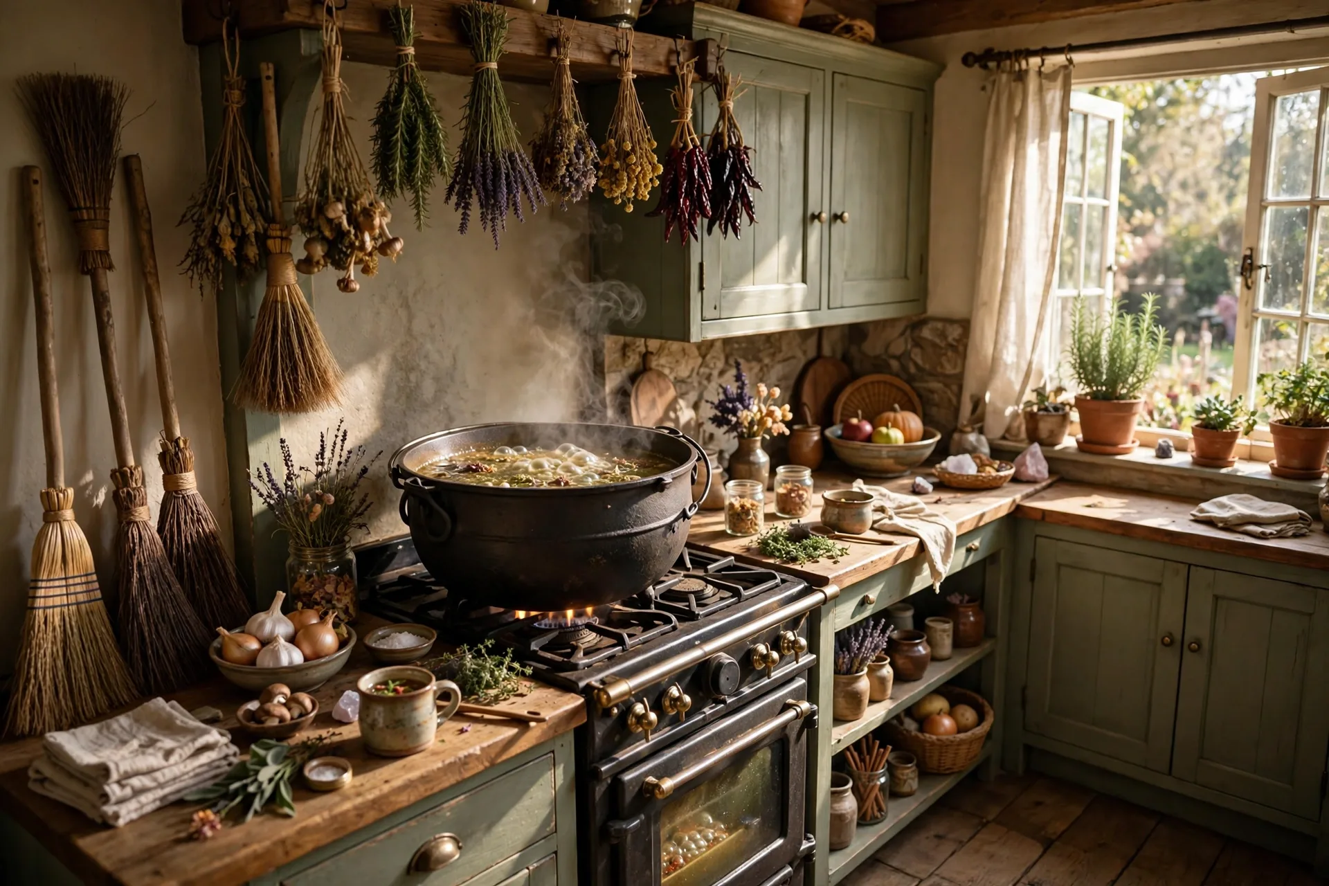 Witch kitchen with bubbling cauldron and broomsticks