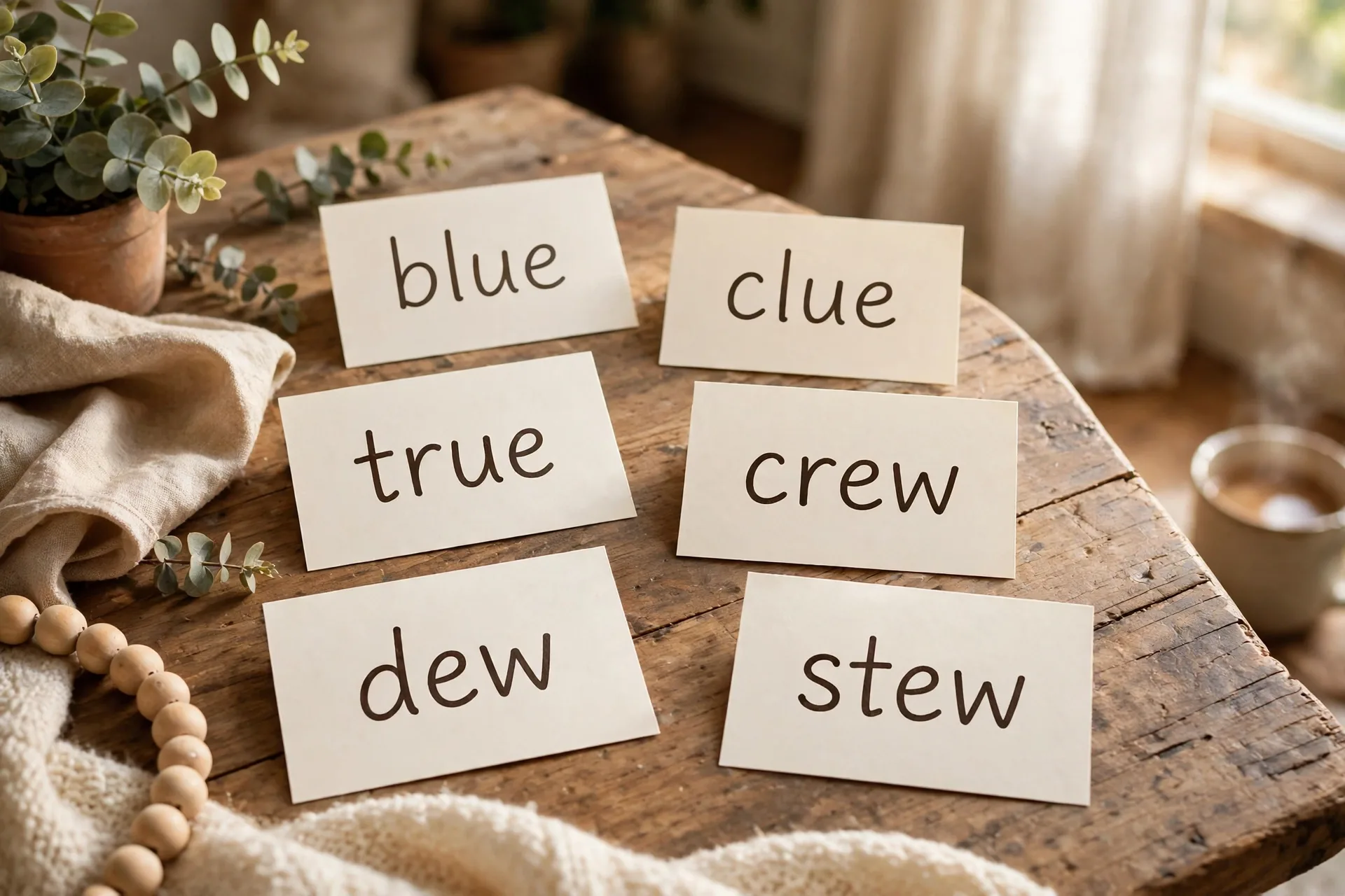 Words that rhyme with boo glue shoe and zoo written on cards