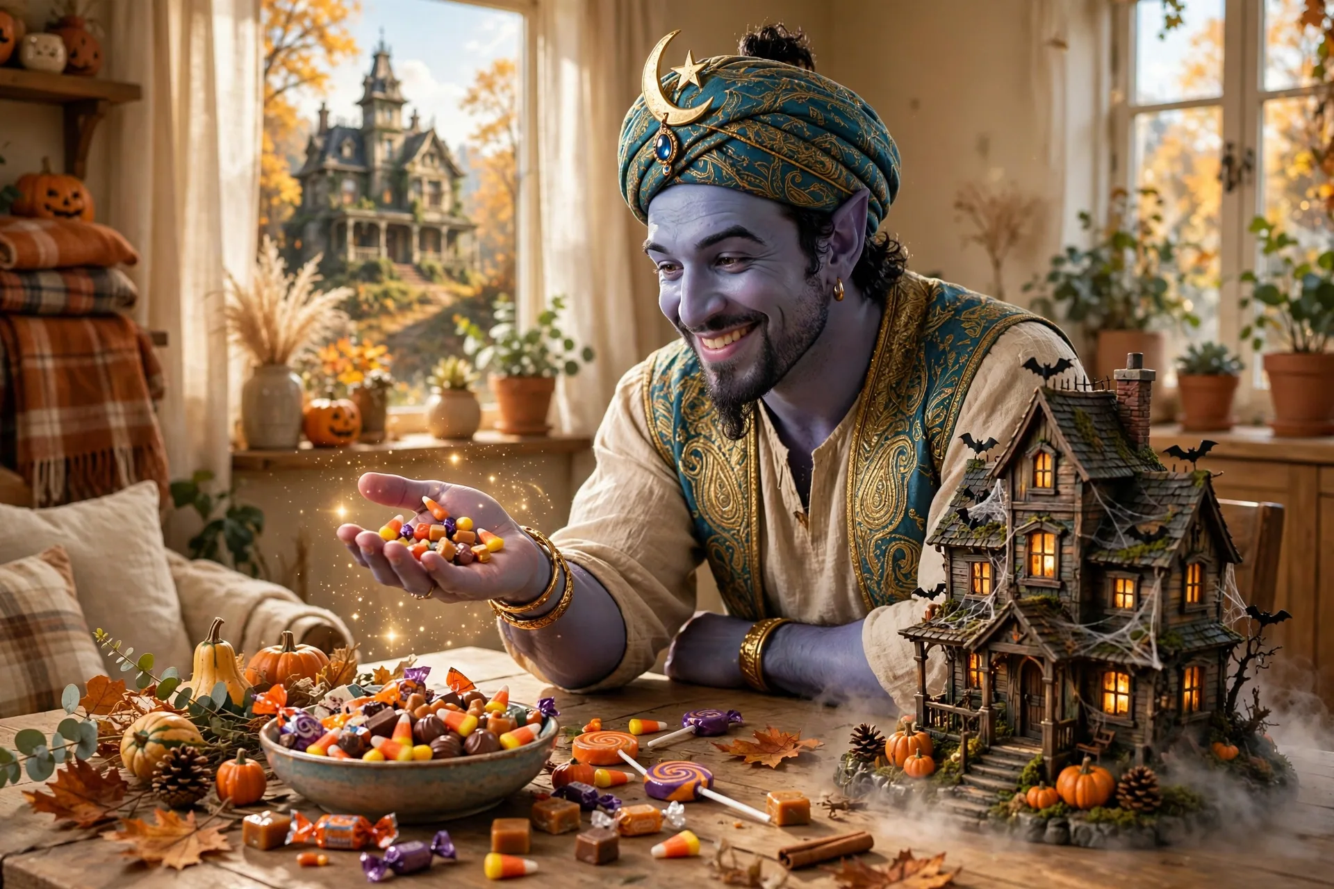 Halloween genie granting wishes with candy and a haunted house