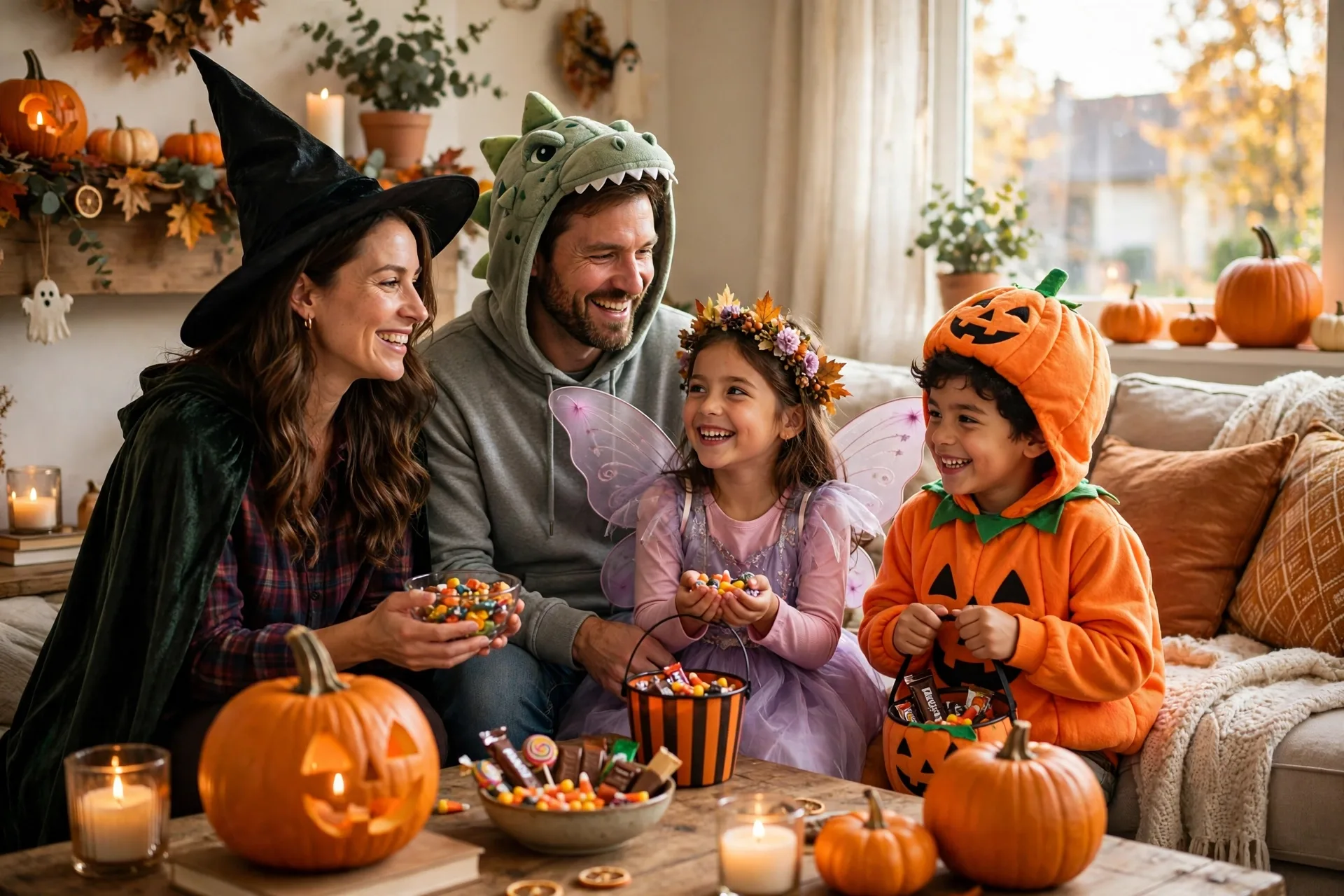 Family celebrating Halloween together costumes candy and pumpkins