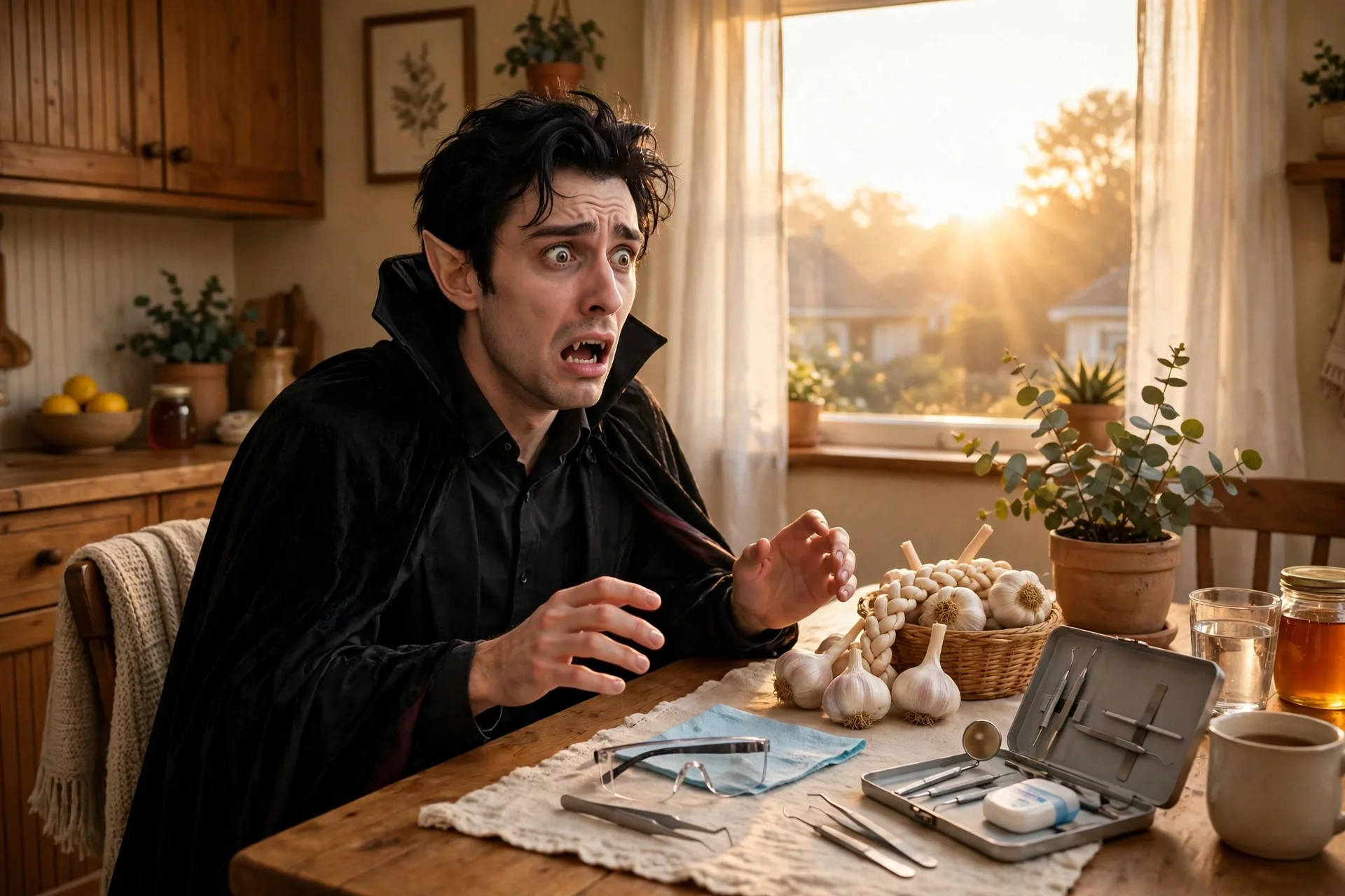 Vampire scared of garlic sunrise and the dentist