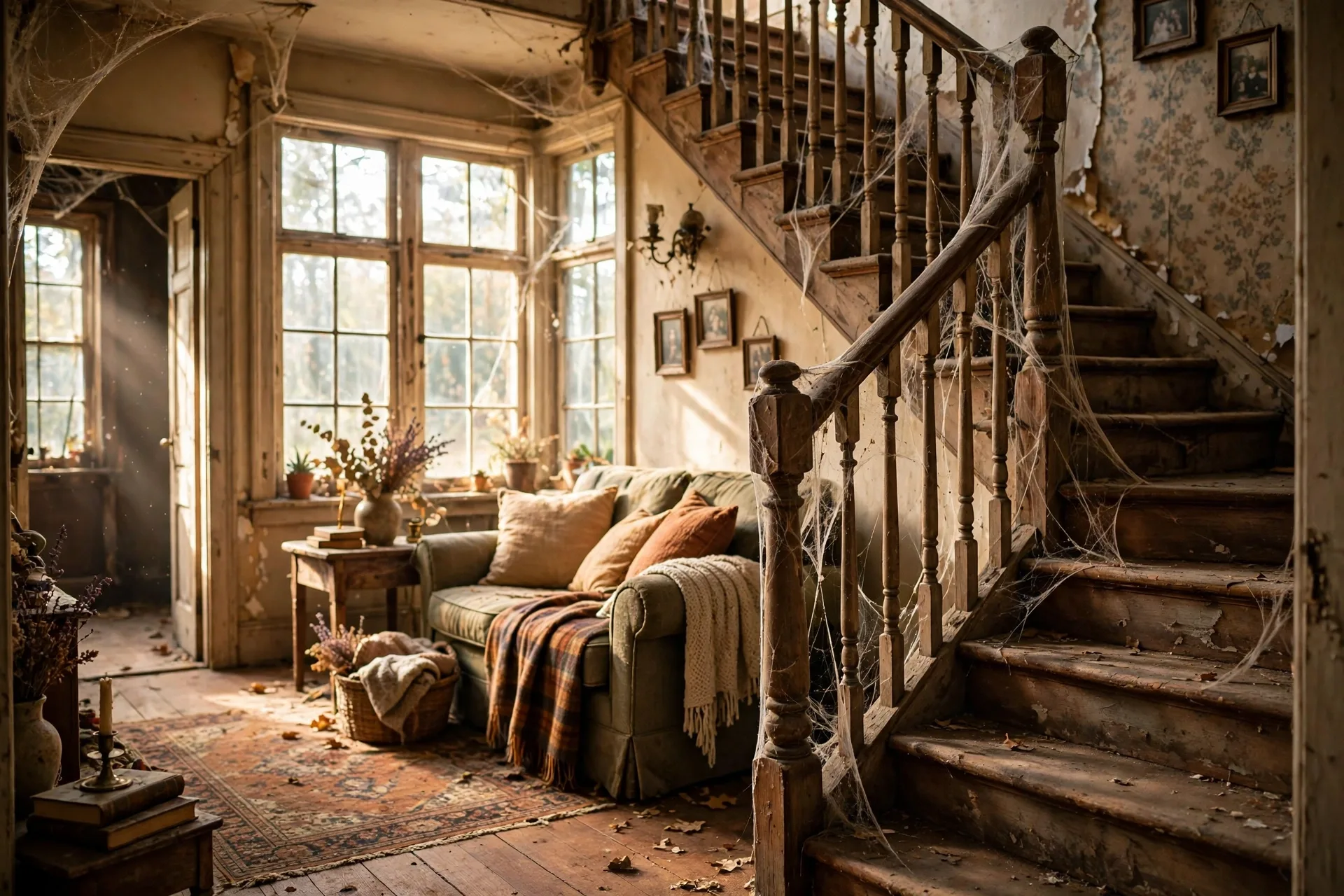 Haunted house interior with cobwebs and creaky stairs