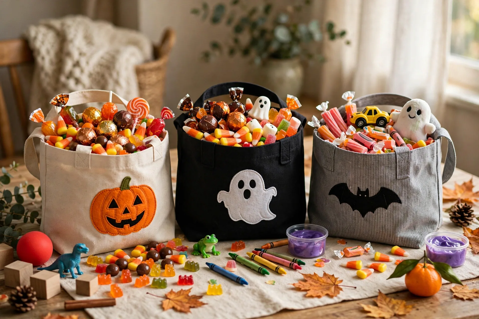 Kids trick-or-treat bags full of candy and small toys