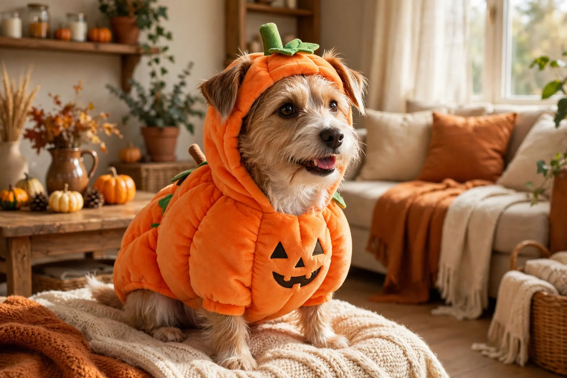 Dog in a tiny pumpkin Halloween costume