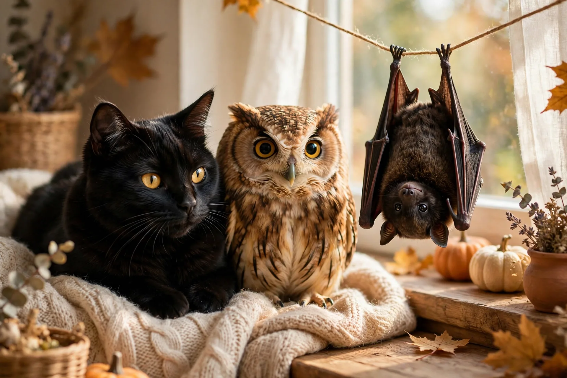 Friendly Halloween animals black cat owl and bat