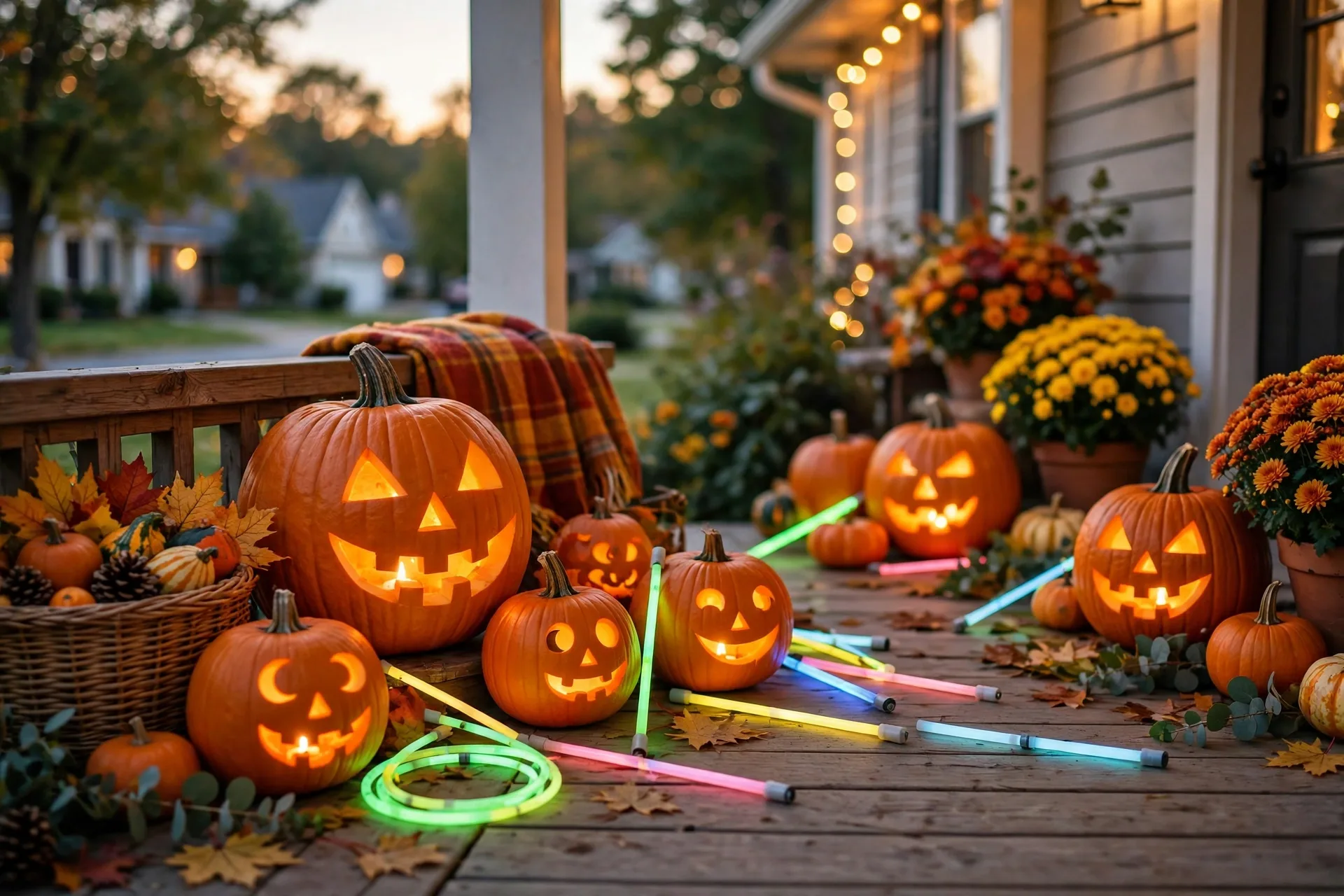 Glowing jack-o-lanterns and glow sticks on Halloween night