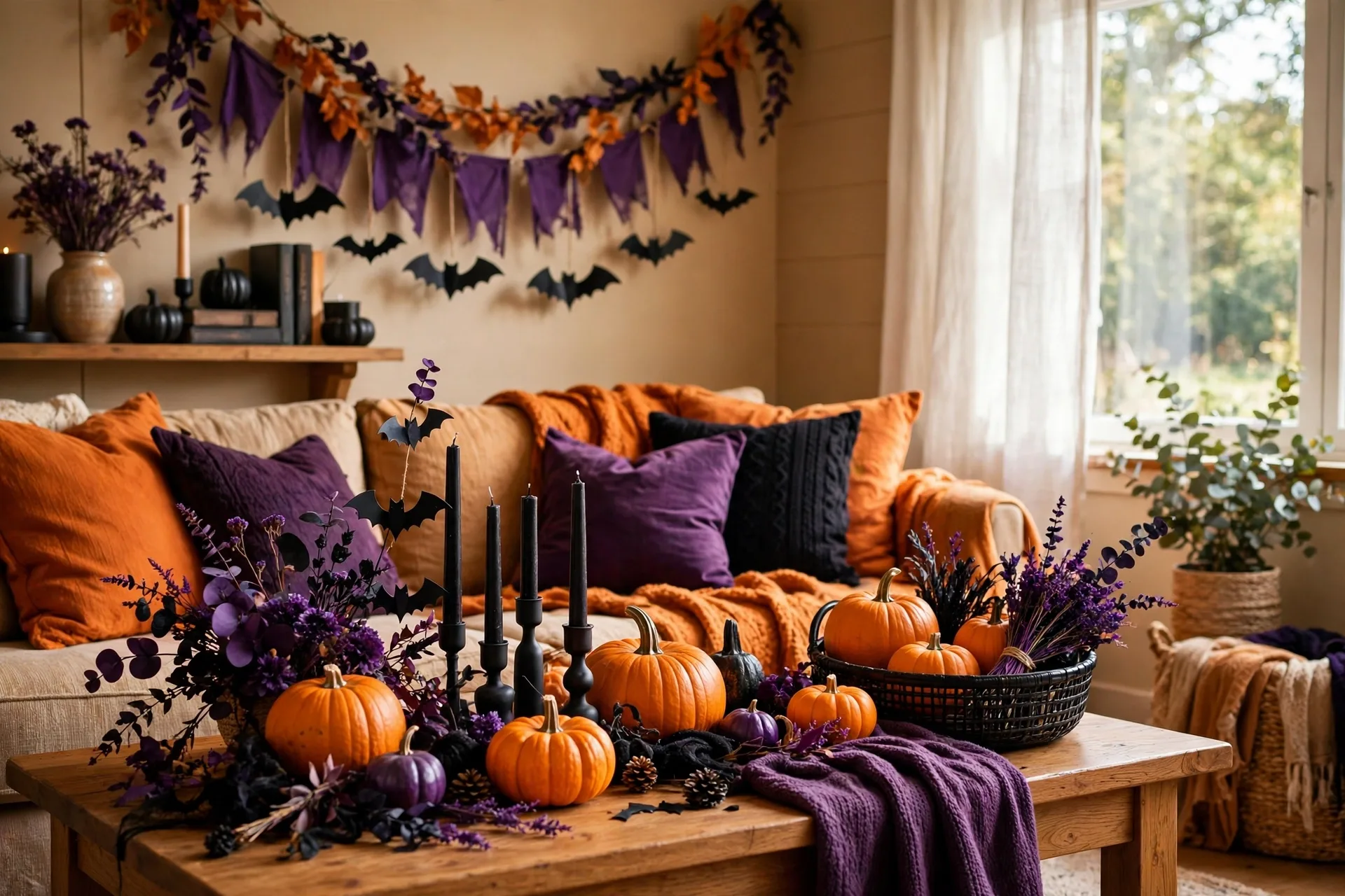 Halloween colors orange black and purple decorations