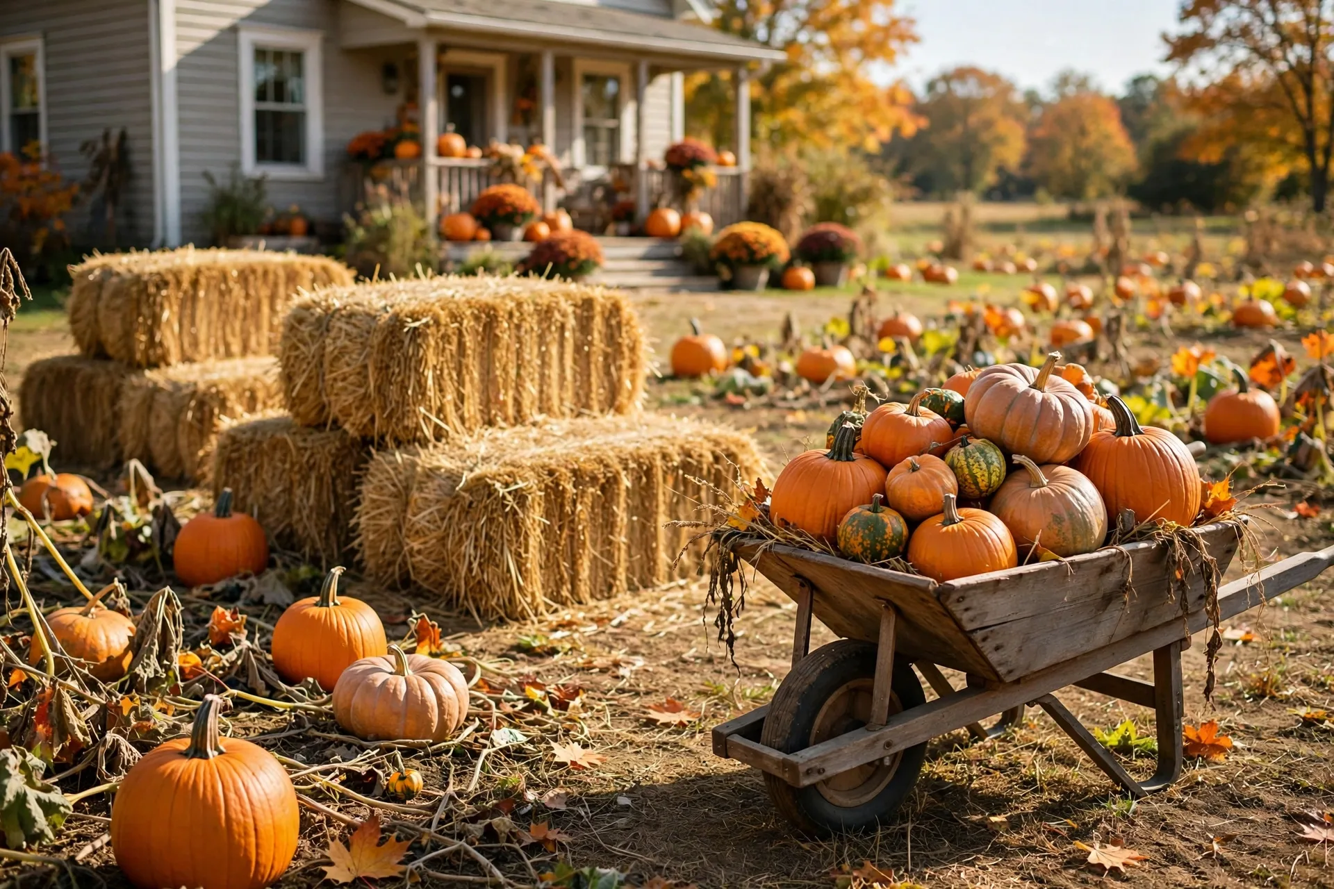 Pumpkin patch with hay bales and a wheelbarrow of pumpkins