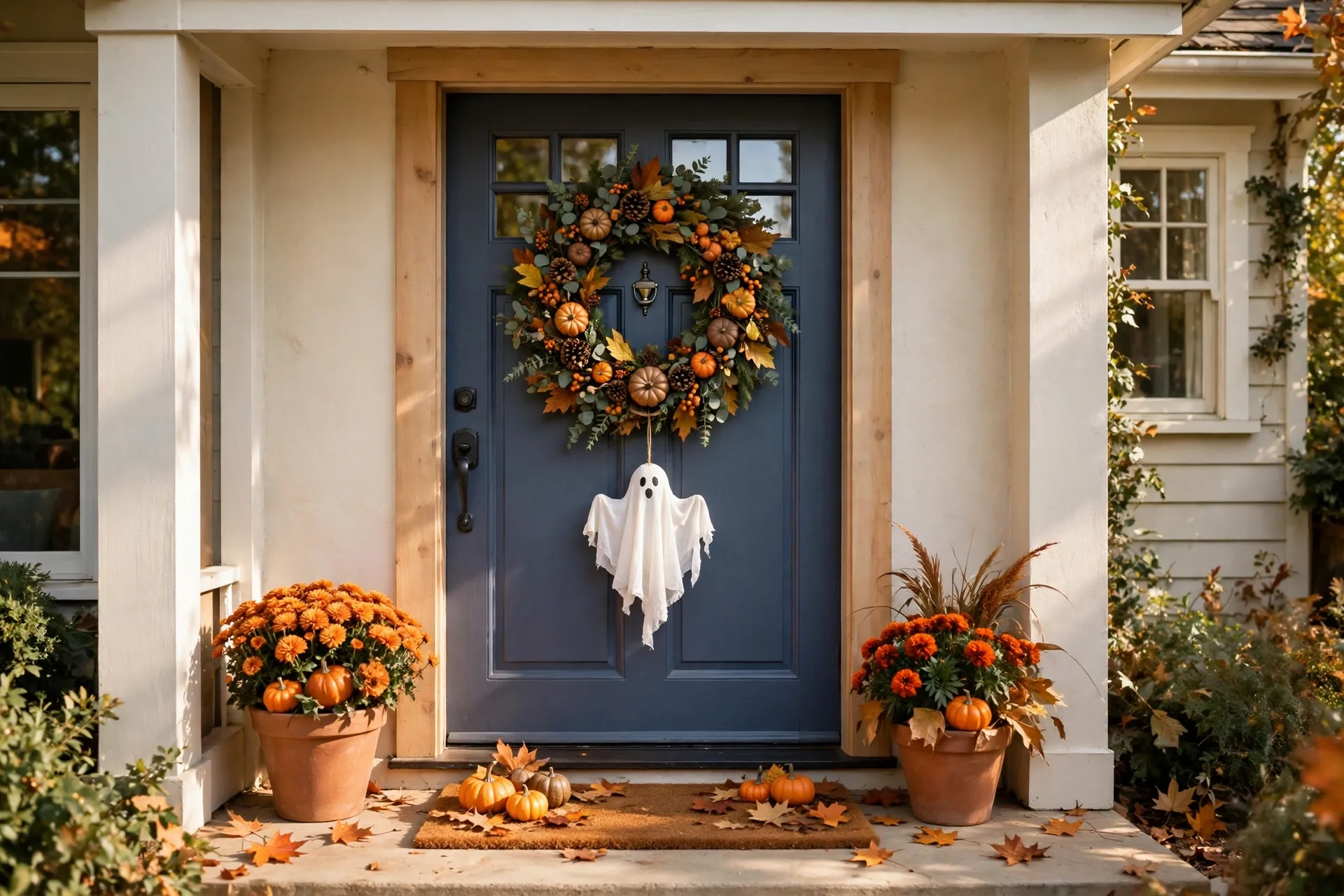 Front door decorated for Halloween with a wreath and hanging ghost