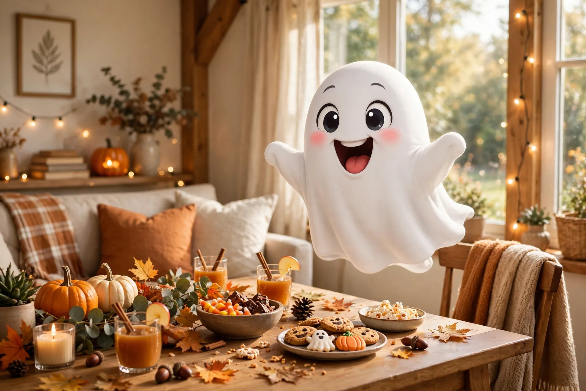 Friendly cartoon ghost saying boo at a Halloween party