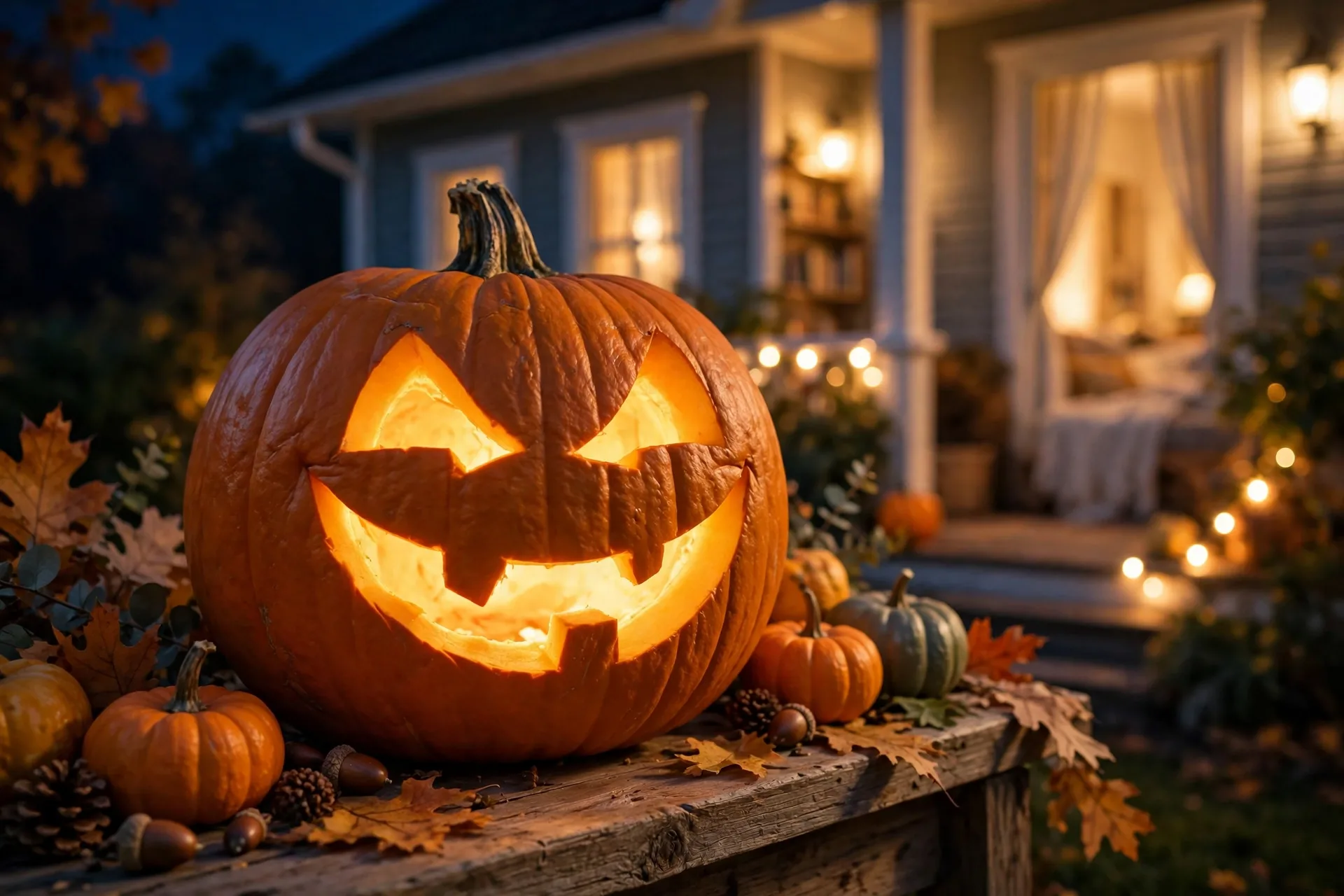 Jack-o-lantern with a big crooked smiling grin glowing at night