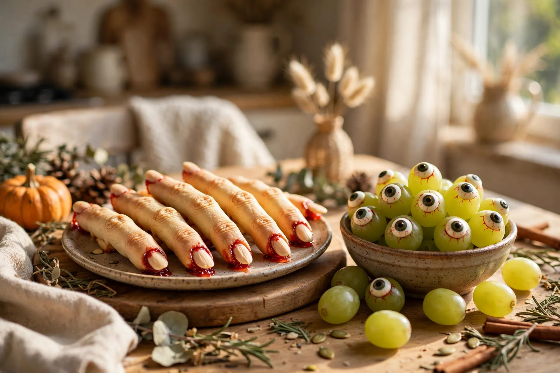 Spooky Halloween party snacks witch fingers and eyeball grapes