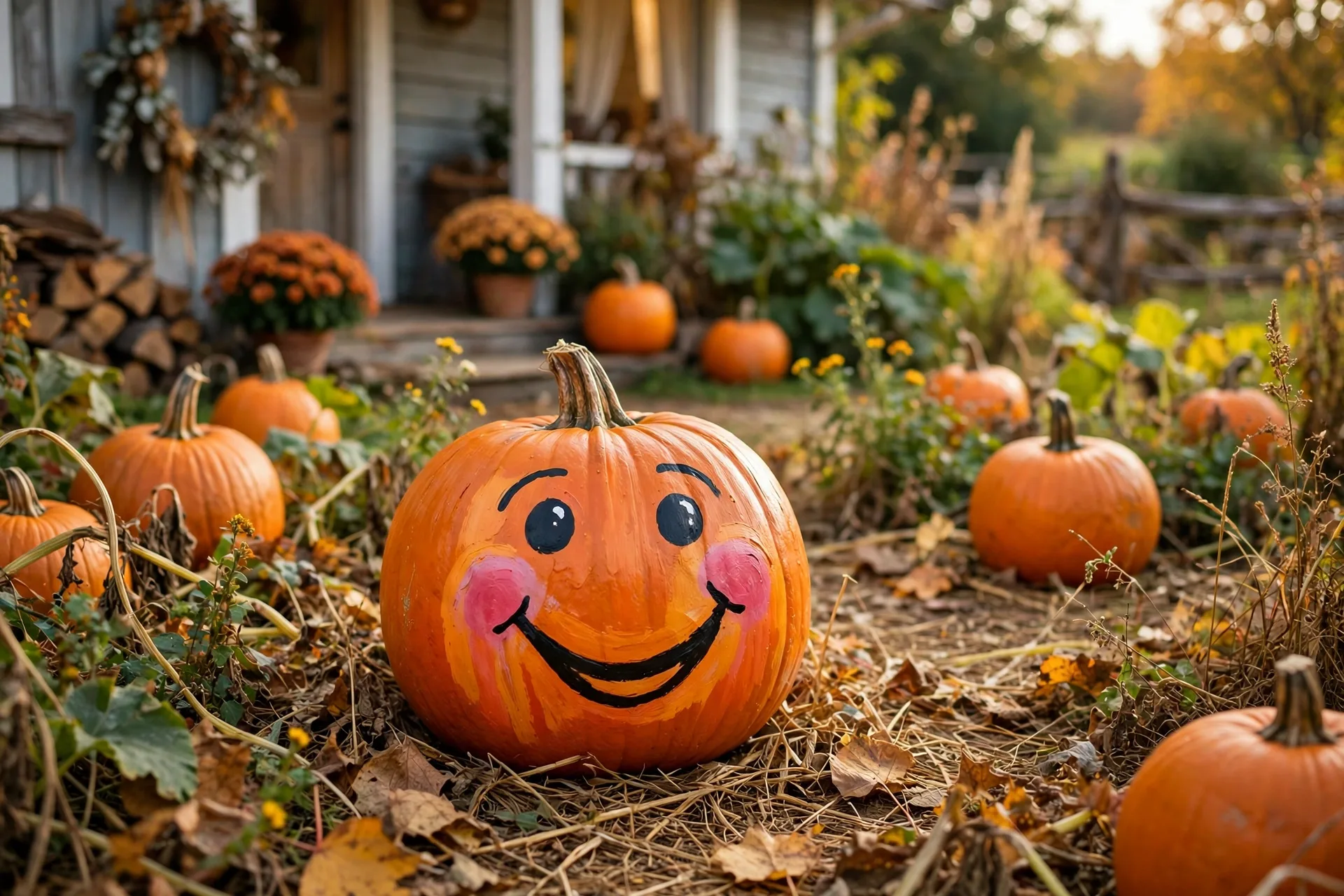 Happy painted pumpkin with a big smile in a pumpkin patch