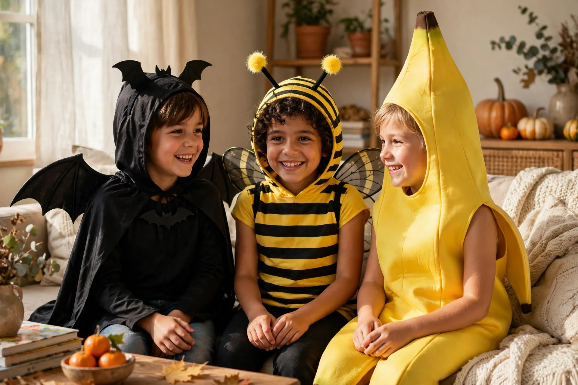 Kids in Halloween costumes starting with B bat bee and banana
