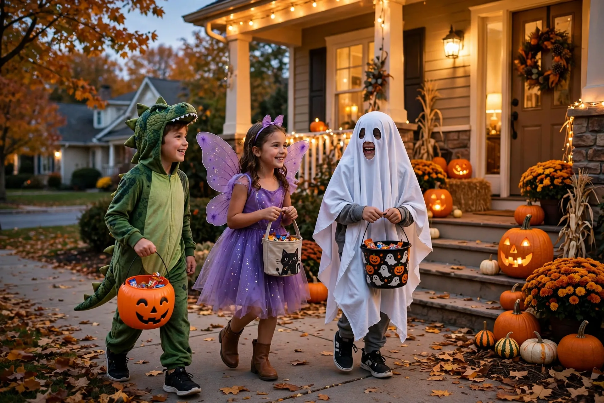 Kids trick-or-treating on Halloween night with candy buckets