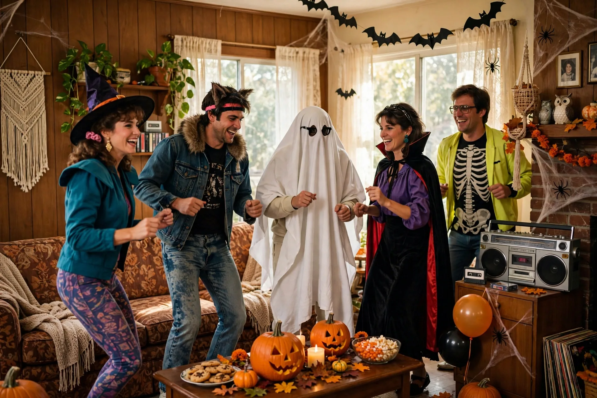 Eighties Halloween party with music dancing and costumes