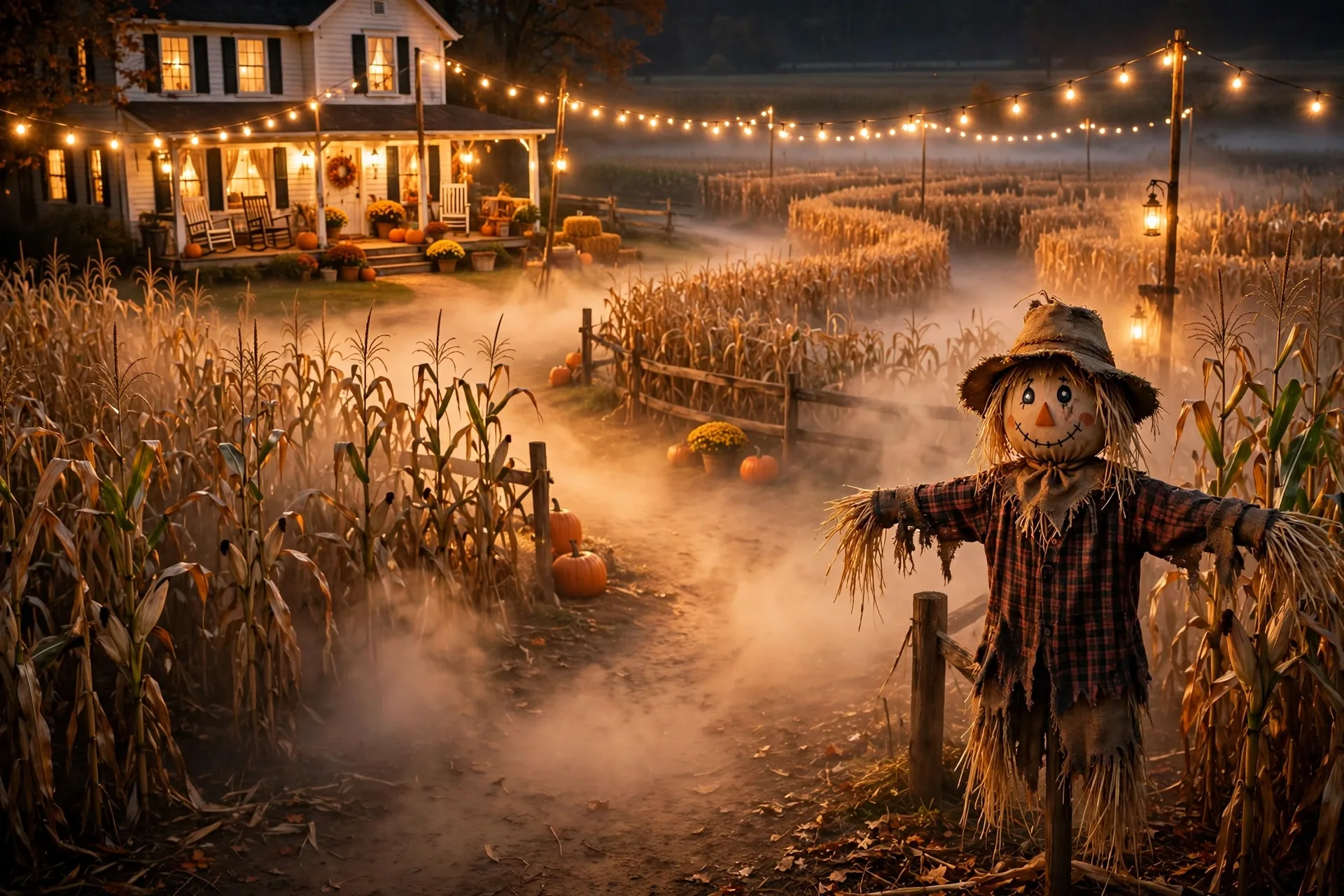 Haunted corn maze at night with fog and a scarecrow
